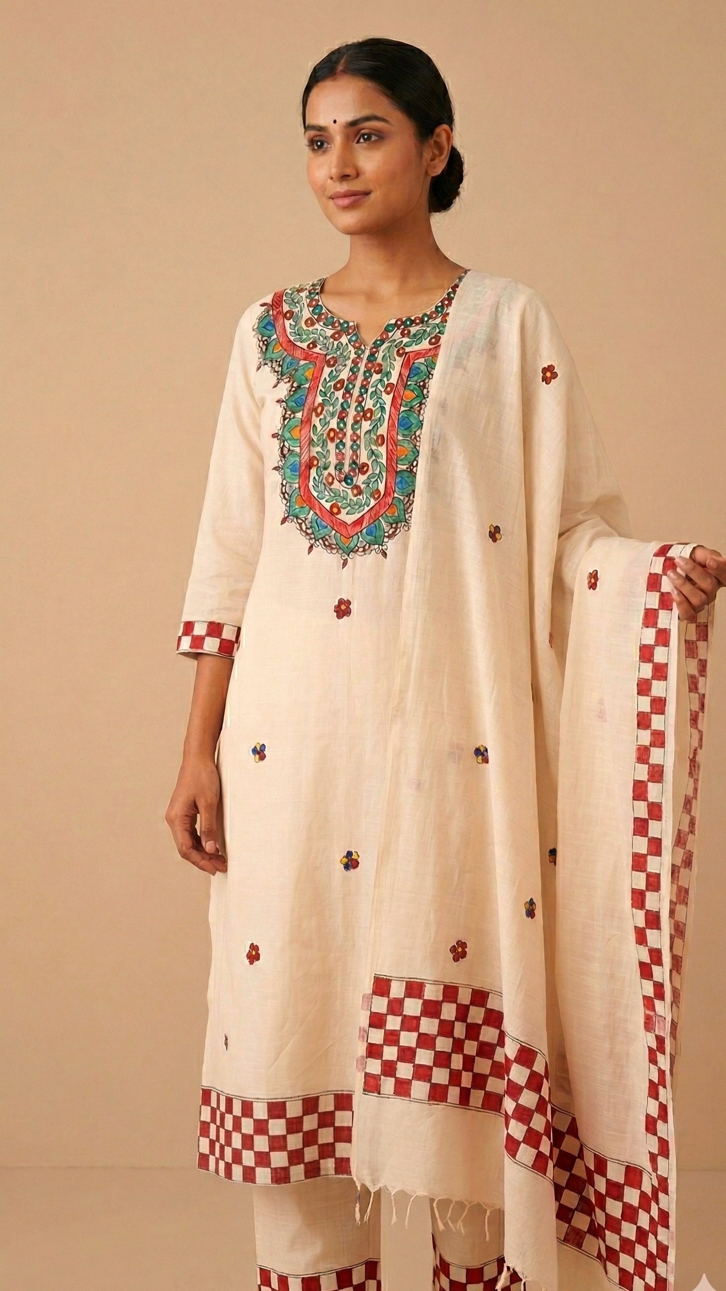 Hand-Painted Madhubani Cotton Suit Set – Ivory White & Red | 3-Piece Unstitched
