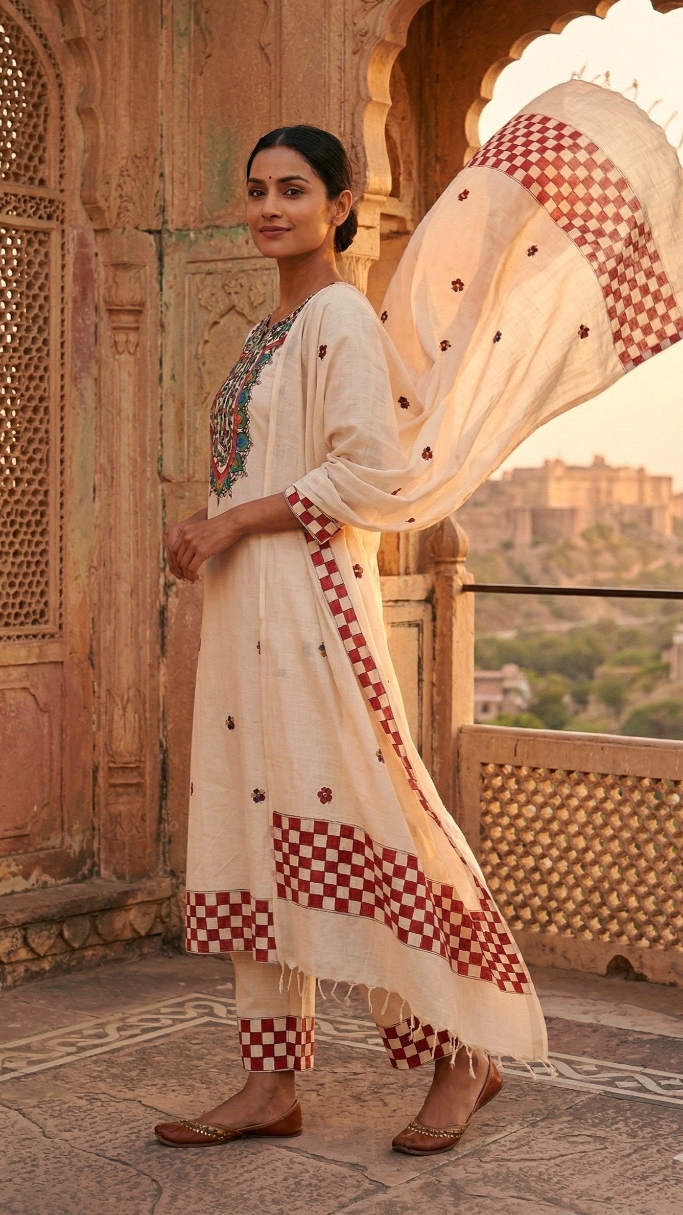 Hand-Painted Madhubani Cotton Suit Set – Ivory White & Red | 3-Piece Unstitched