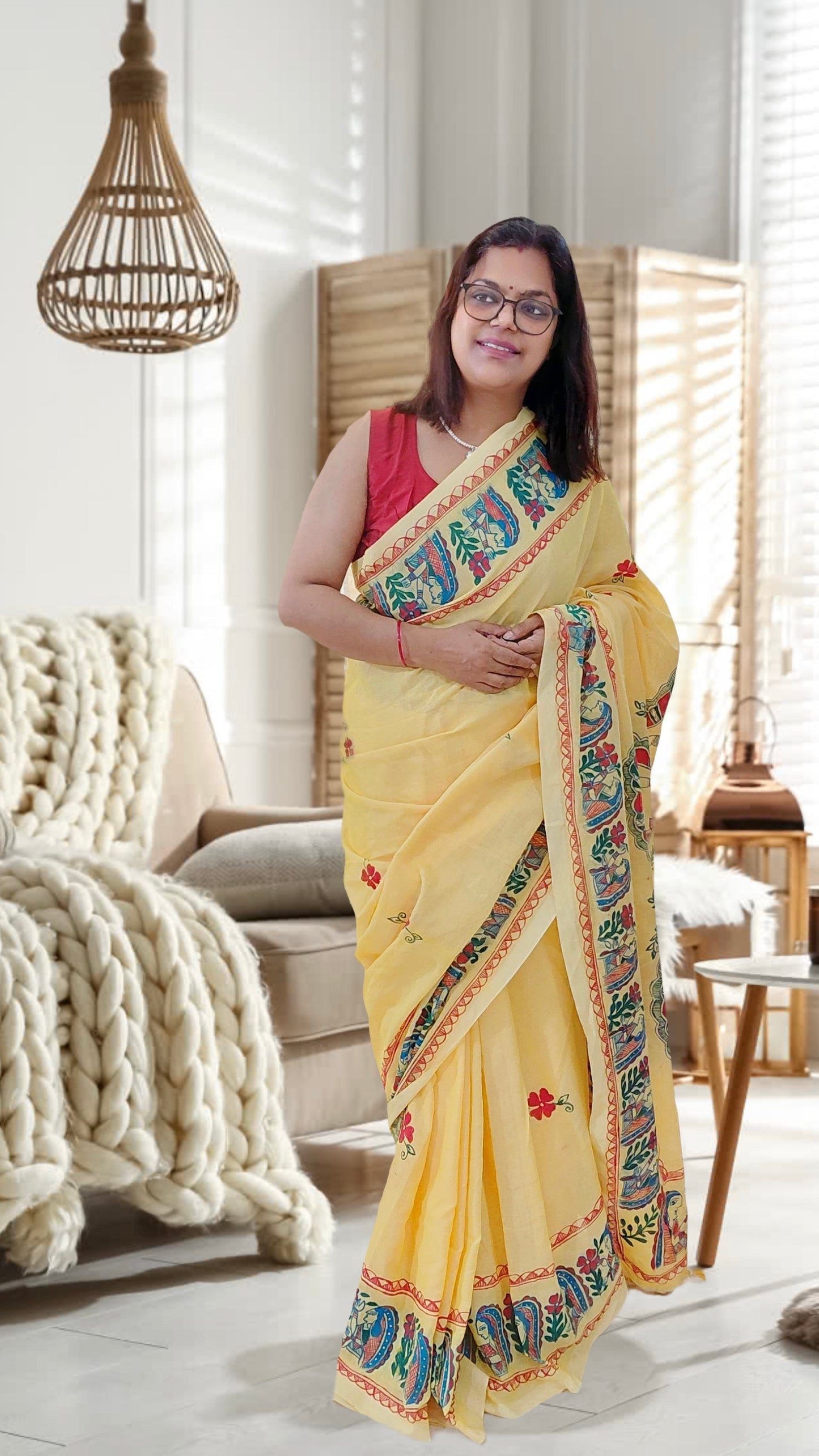 Primrose Yellow Khadi Cotton Madhubani Hand-Painted Saree – Krishna Raas Theme