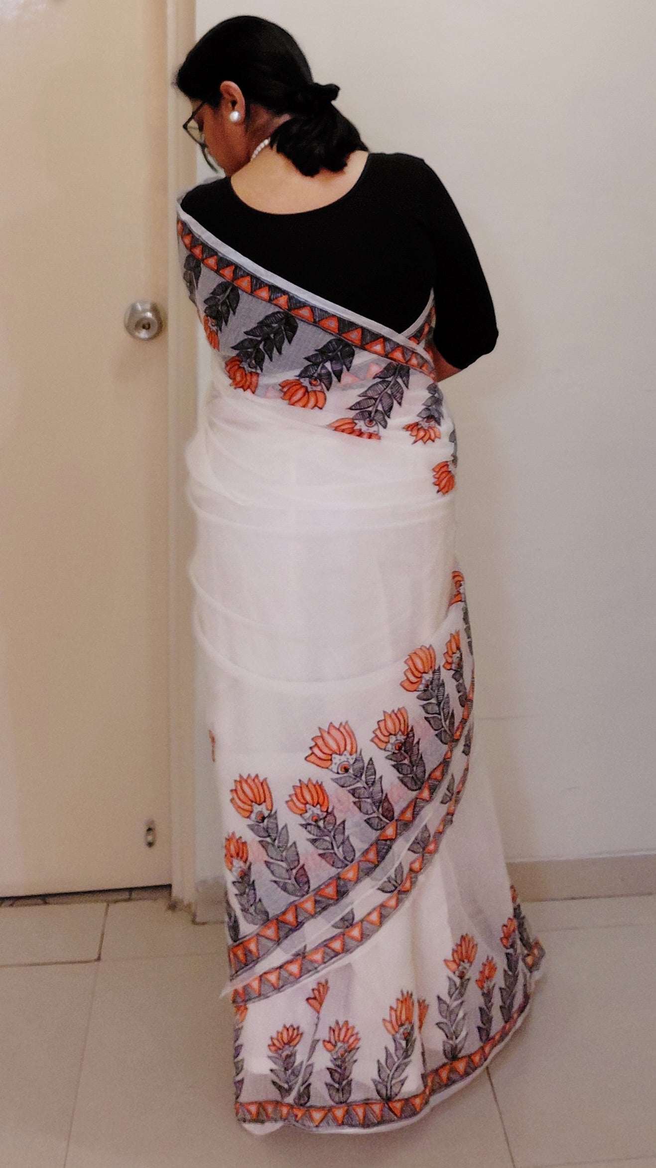 Ivory Lotus Bloom Madhubani Kota Doria Saree
