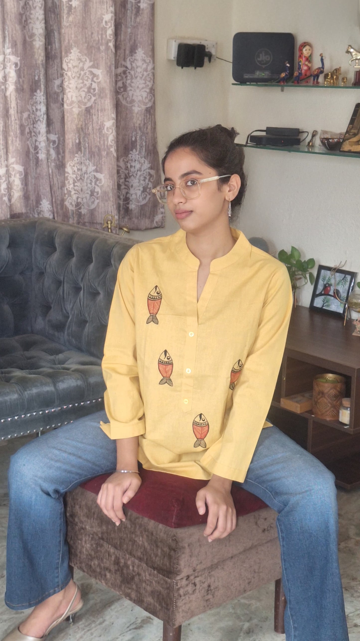 Butter Yellow Pure Cotton Hand-Painted Madhubani Nature Motif Short Kurta
