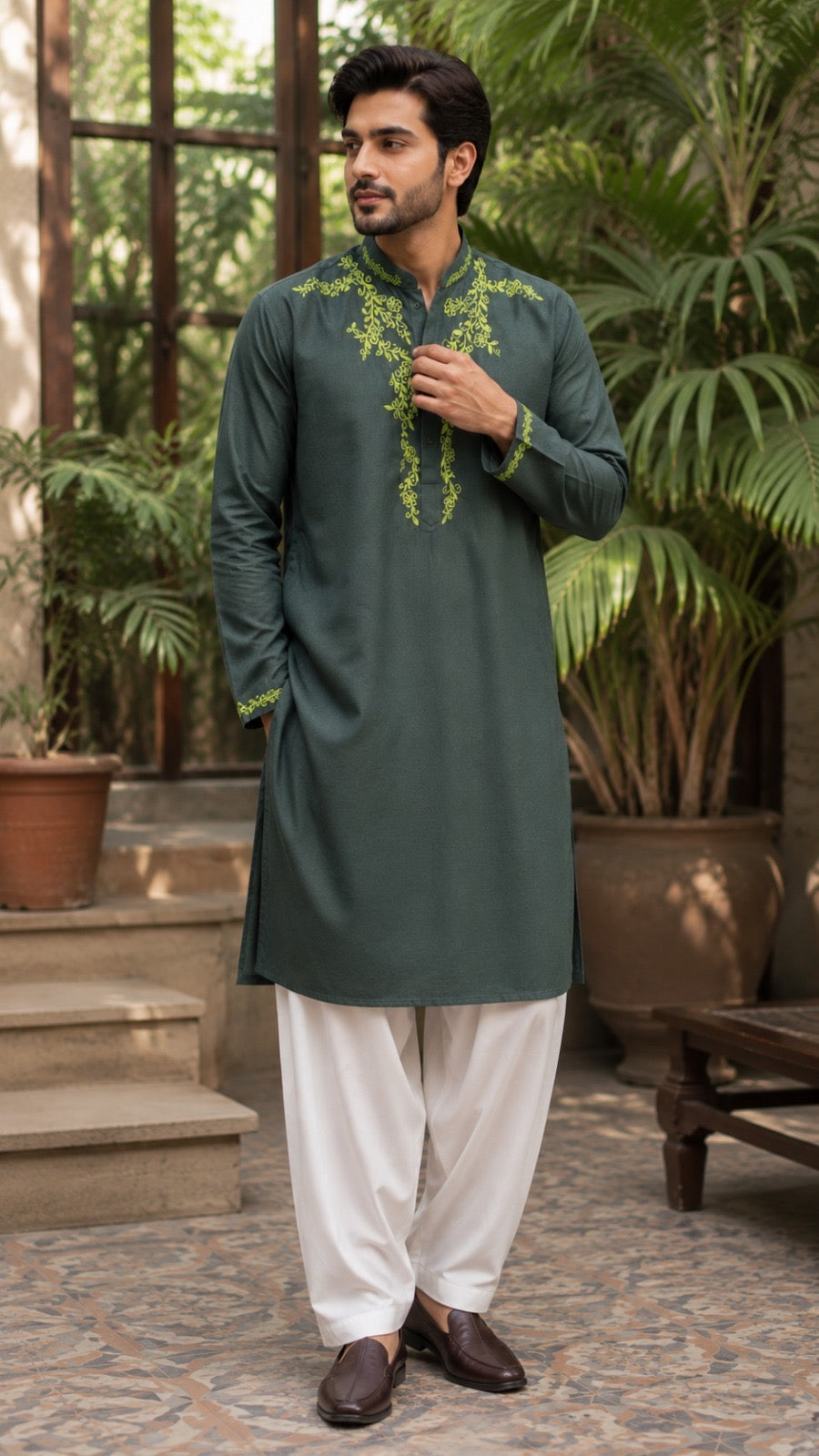 Forest Green Premium Pure Linen-Cotton Hand-Painted Madhubani Kurta Pyjama Set