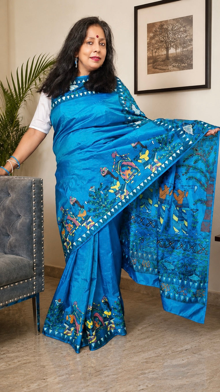 💠Turquoise Blue Pure Silk Madhubani Saree