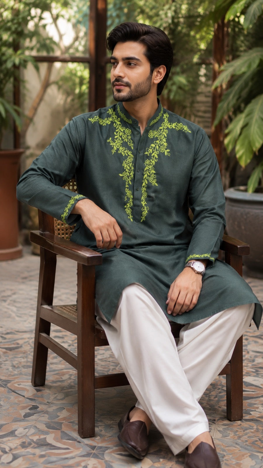 Forest Green Premium Pure Linen-Cotton Hand-Painted Madhubani Kurta Pyjama Set