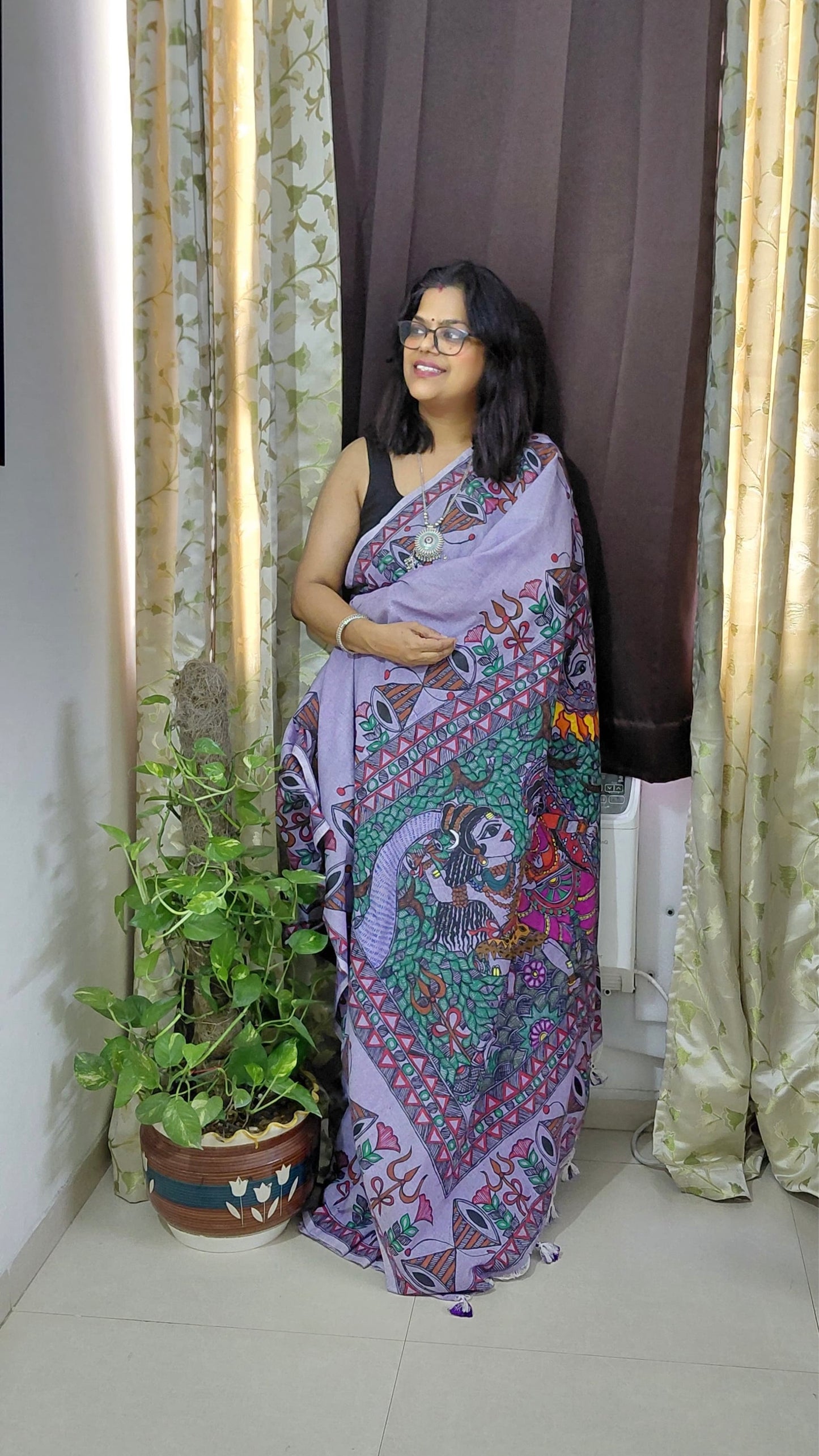 Lavender Mist Khadi Cotton Madhubani Hand-Painted Saree – Shiv Parvati Theme