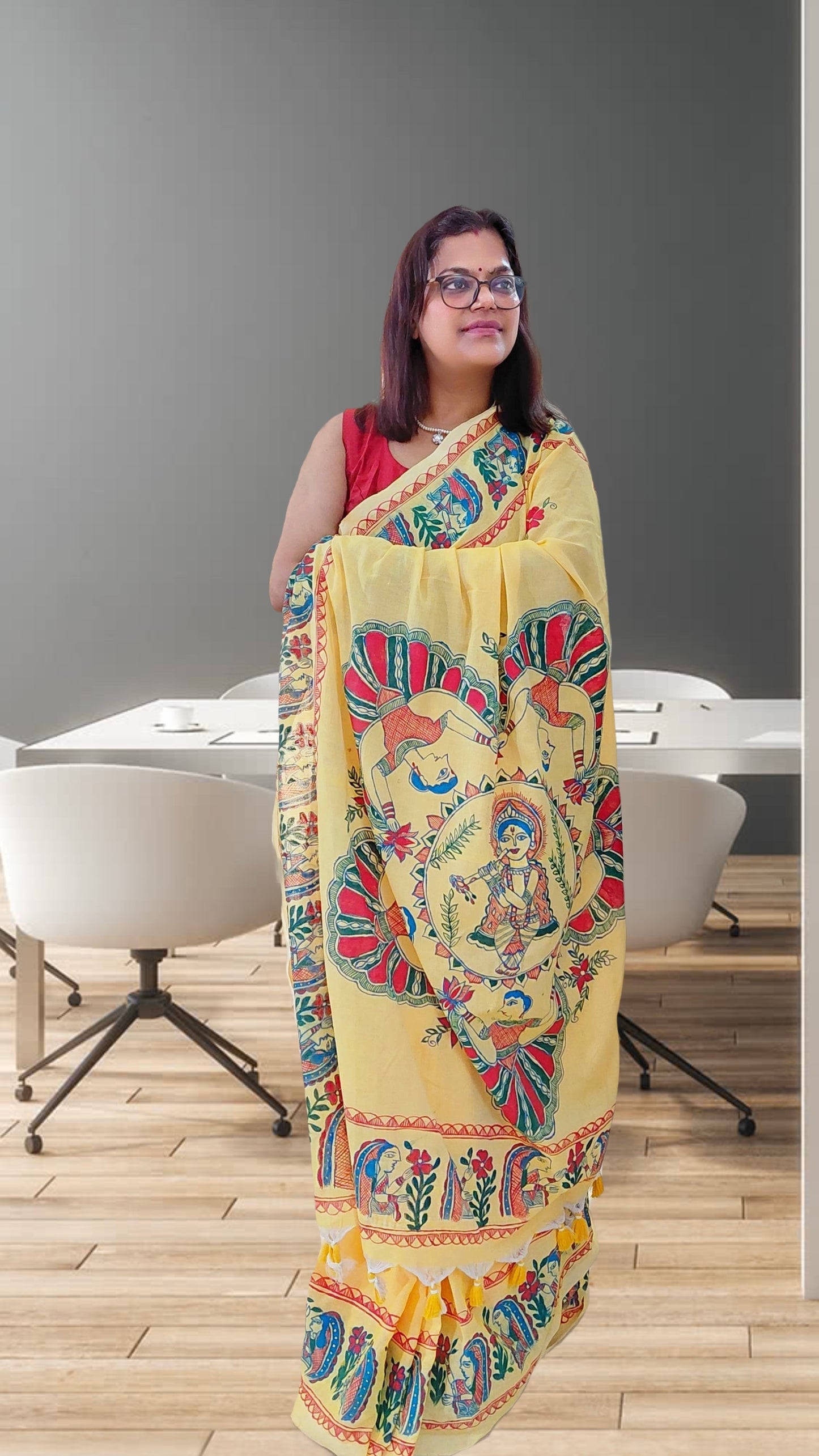 Primrose Yellow Khadi Cotton Madhubani Hand-Painted Saree – Krishna Raas Theme