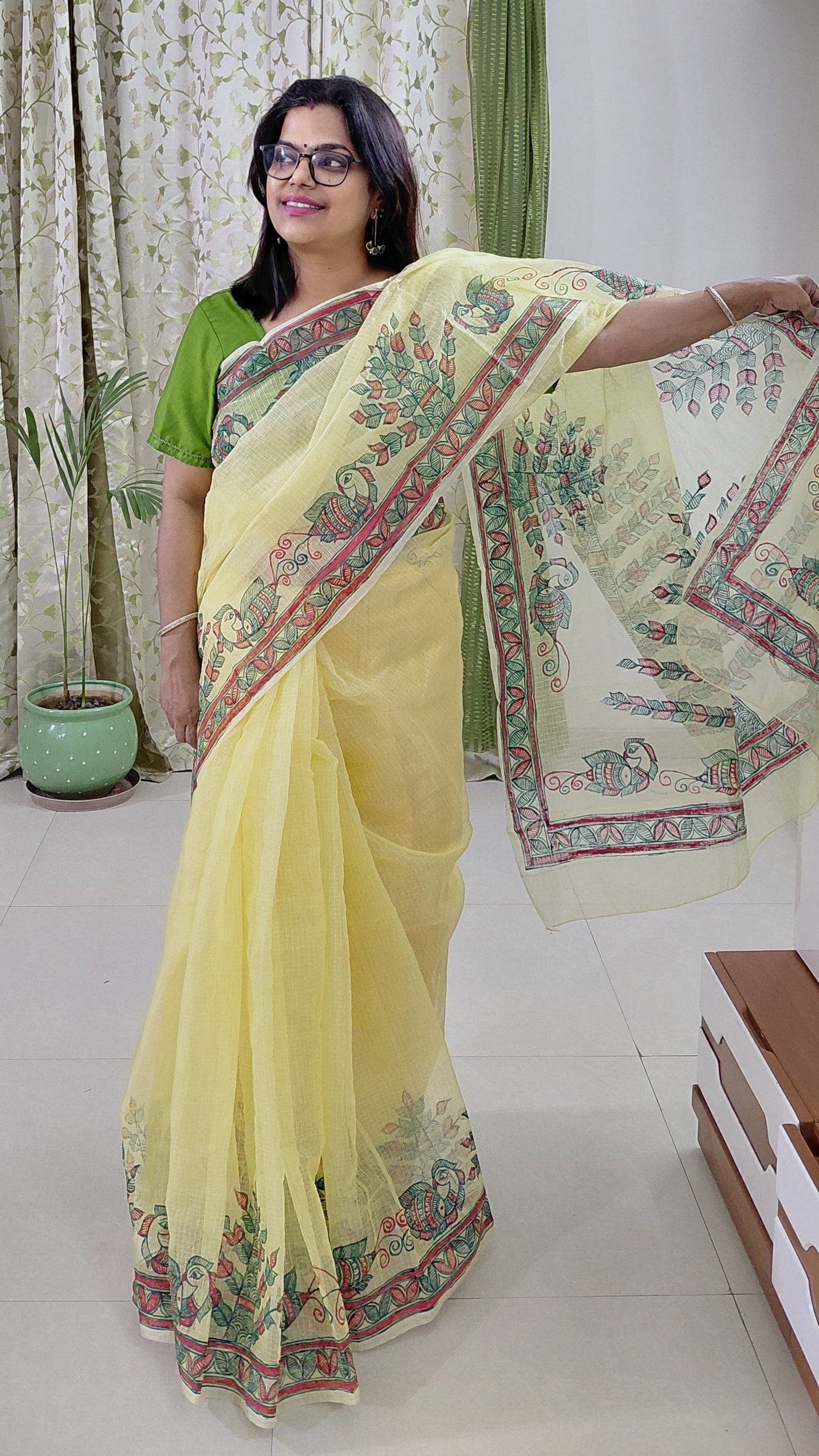 Lemon Yellow Tree of Life Madhubani Kota Doria Saree