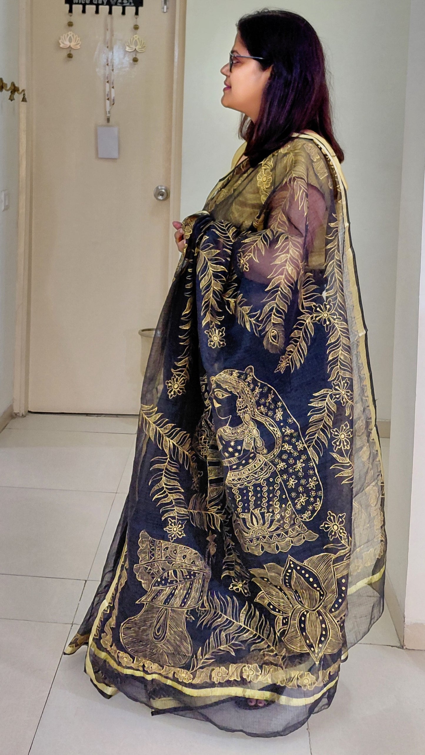 Black Radha Krishna Madhubani Kota Doria Saree