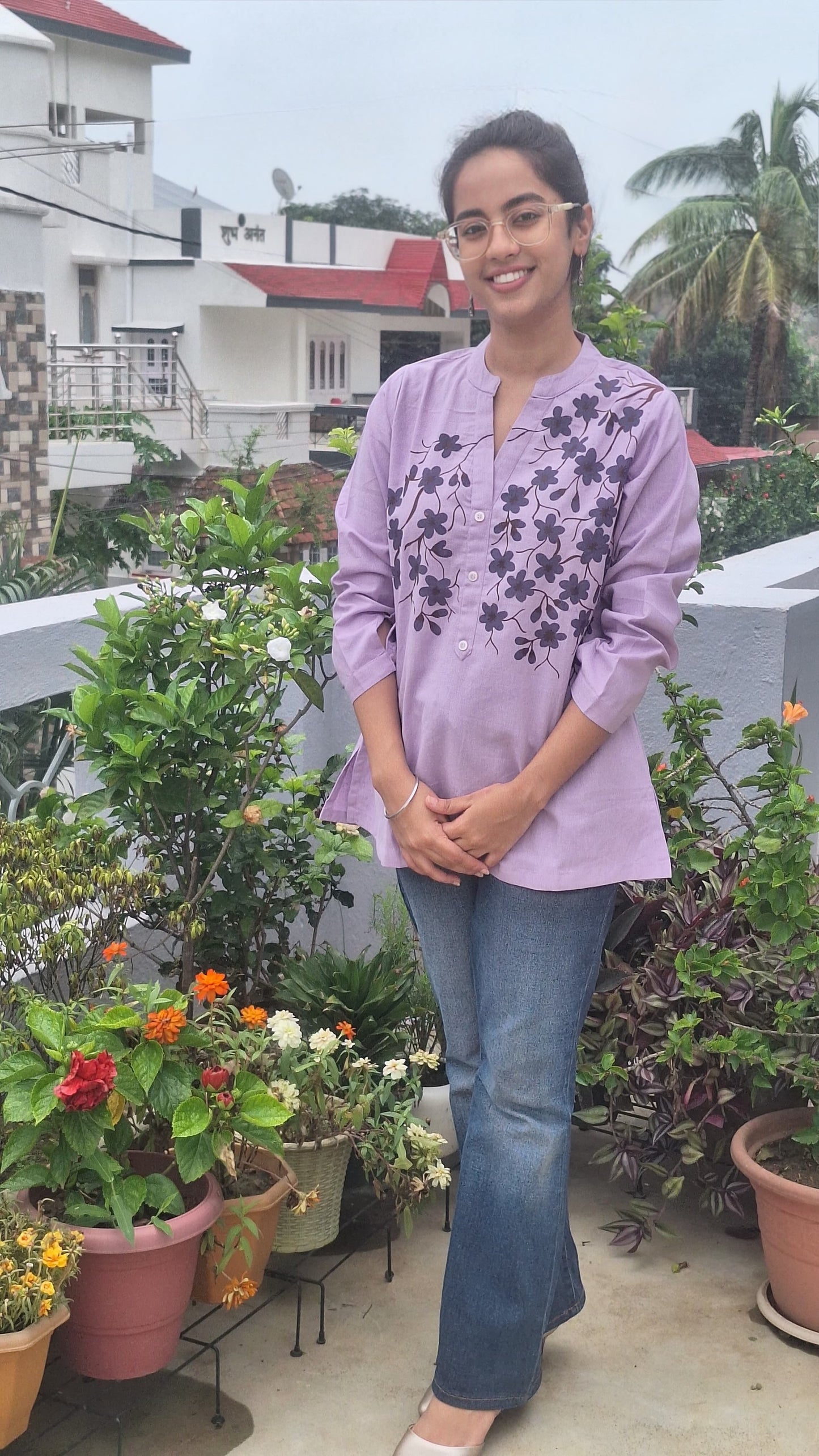 Lavender Pure Cotton Hand-Painted Madhubani Floral Short Kurta