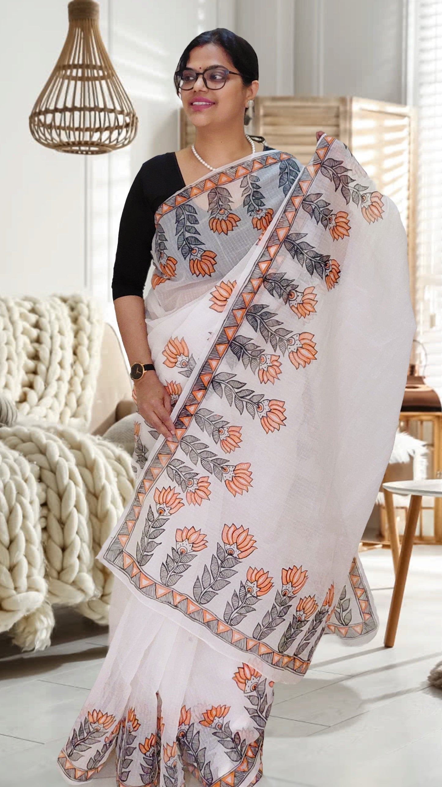 Ivory Lotus Bloom Madhubani Kota Doria Saree
