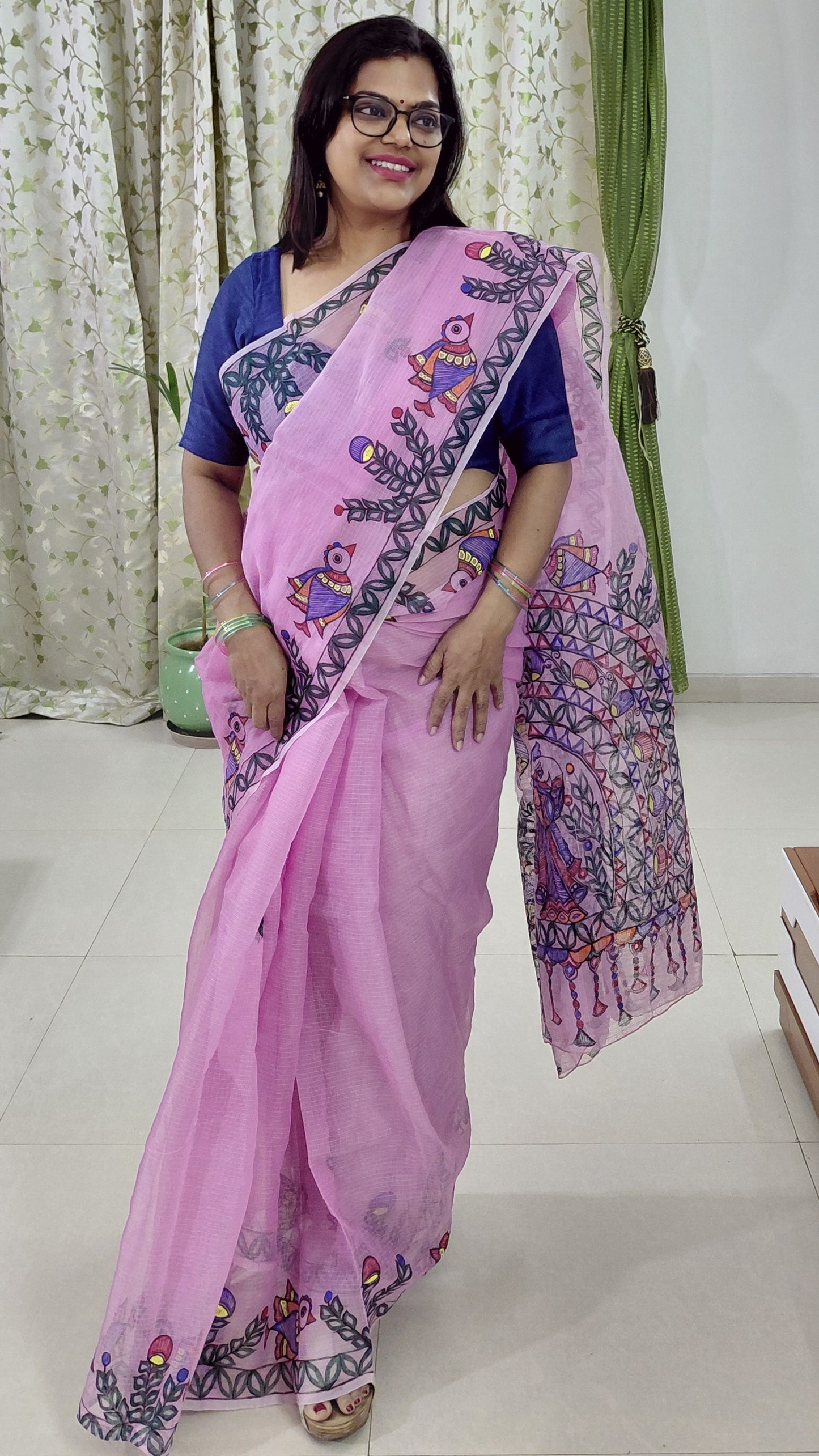 Orchid Pink Songbird Garden Madhubani Kota Doria Saree