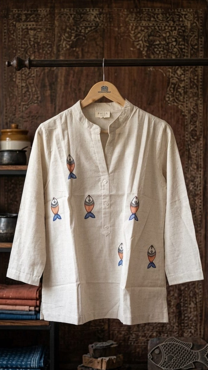 Ivory Pure Cotton Hand-Painted Madhubani Art Short Kurta