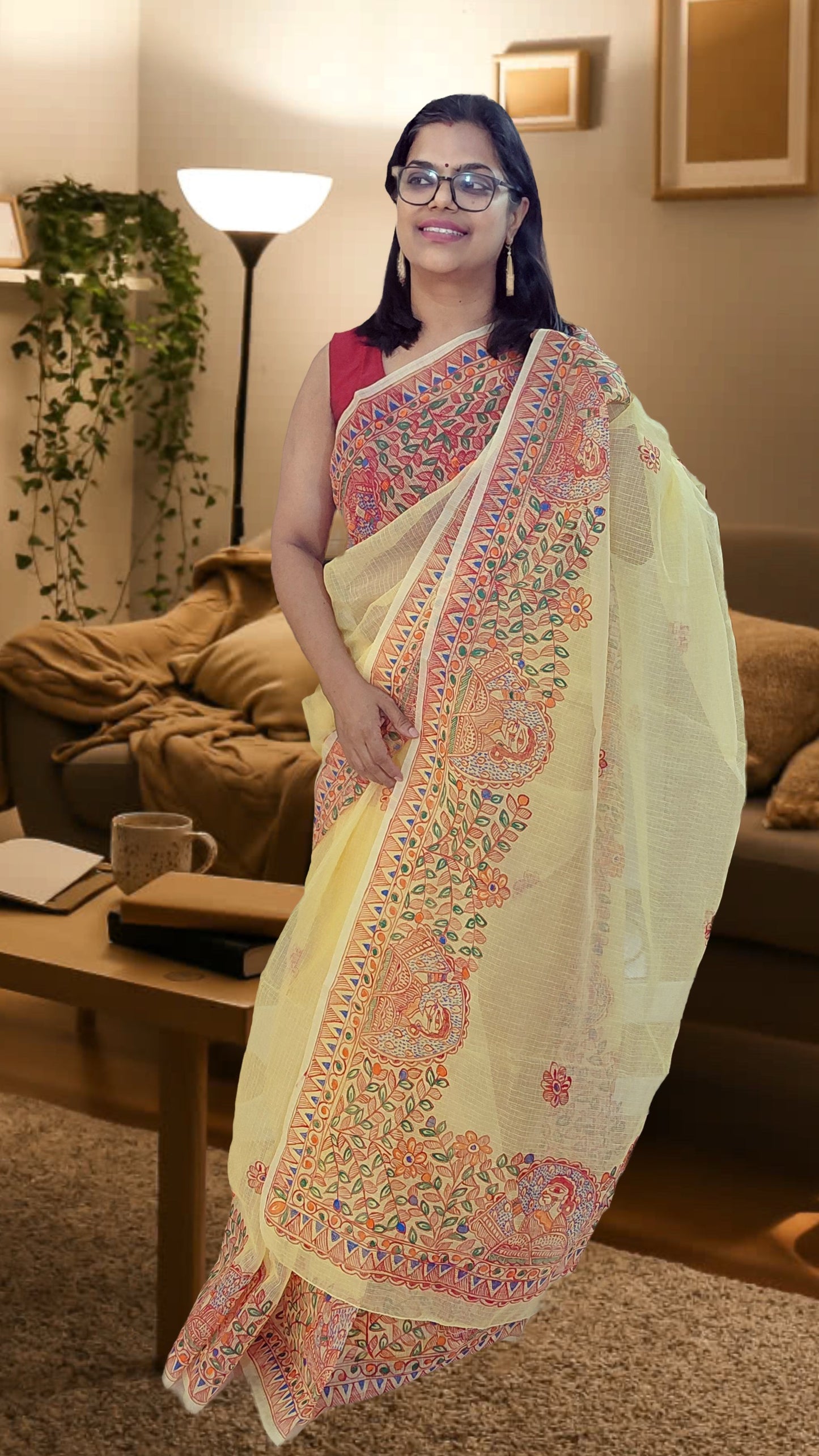Soft Pastel Lemon Yellow Portrait Vines Madhubani Kota Doria Saree