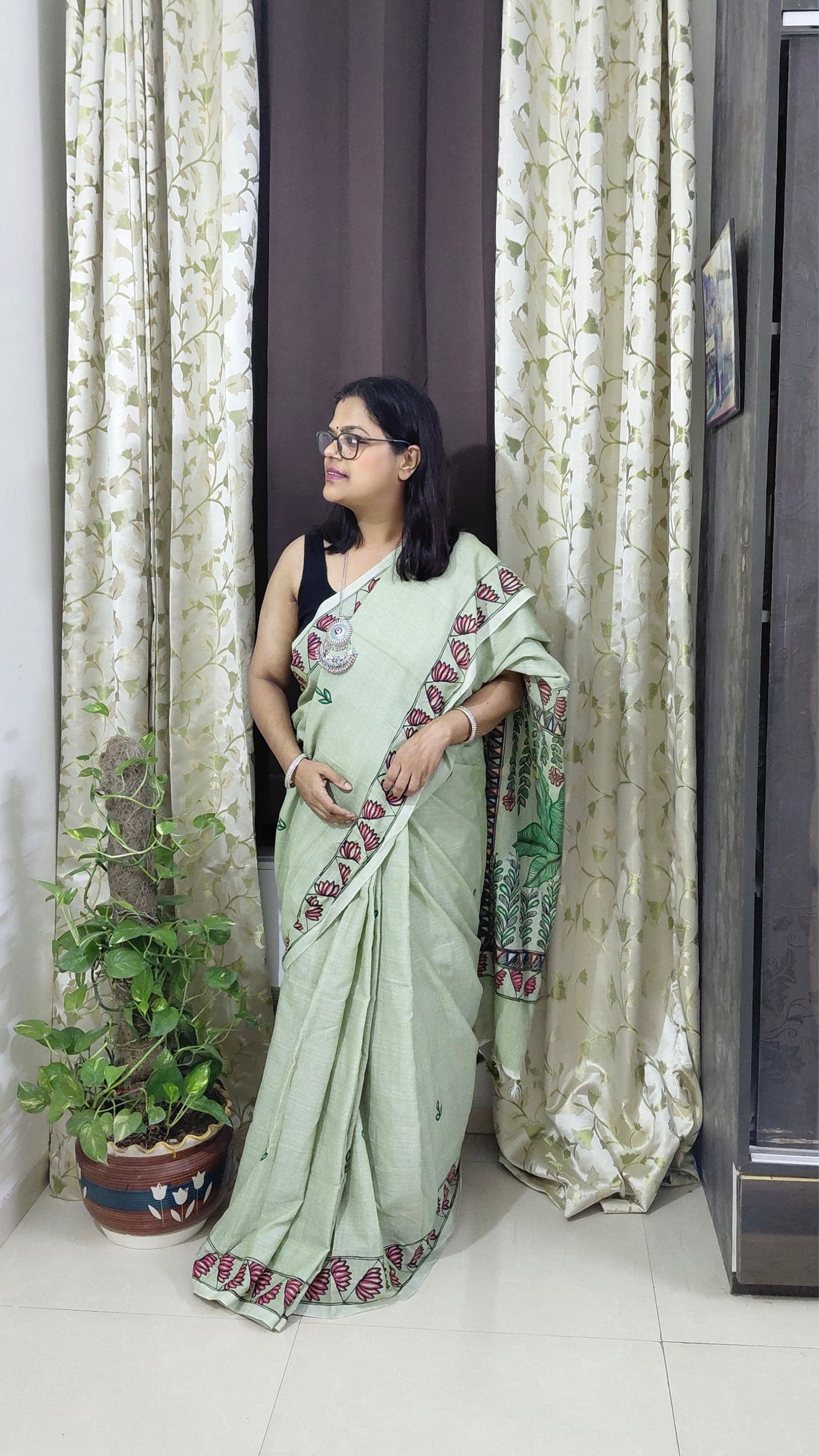 Sage Green Khadi Cotton Madhubani Hand-Painted Saree – Lord Ganesha