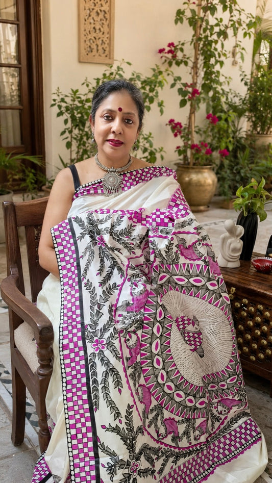 Off White Pure Silk Madhubani Saree | Heirloom Mithila Art | Rangika Studio