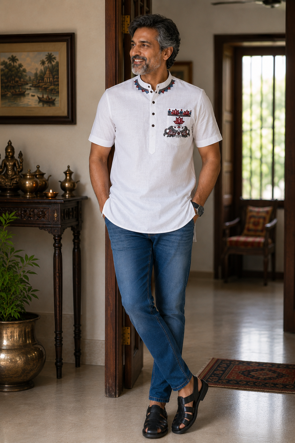 Hand-Painted Madhubani Art Men's Short Kurta • White • Linen-Cotton