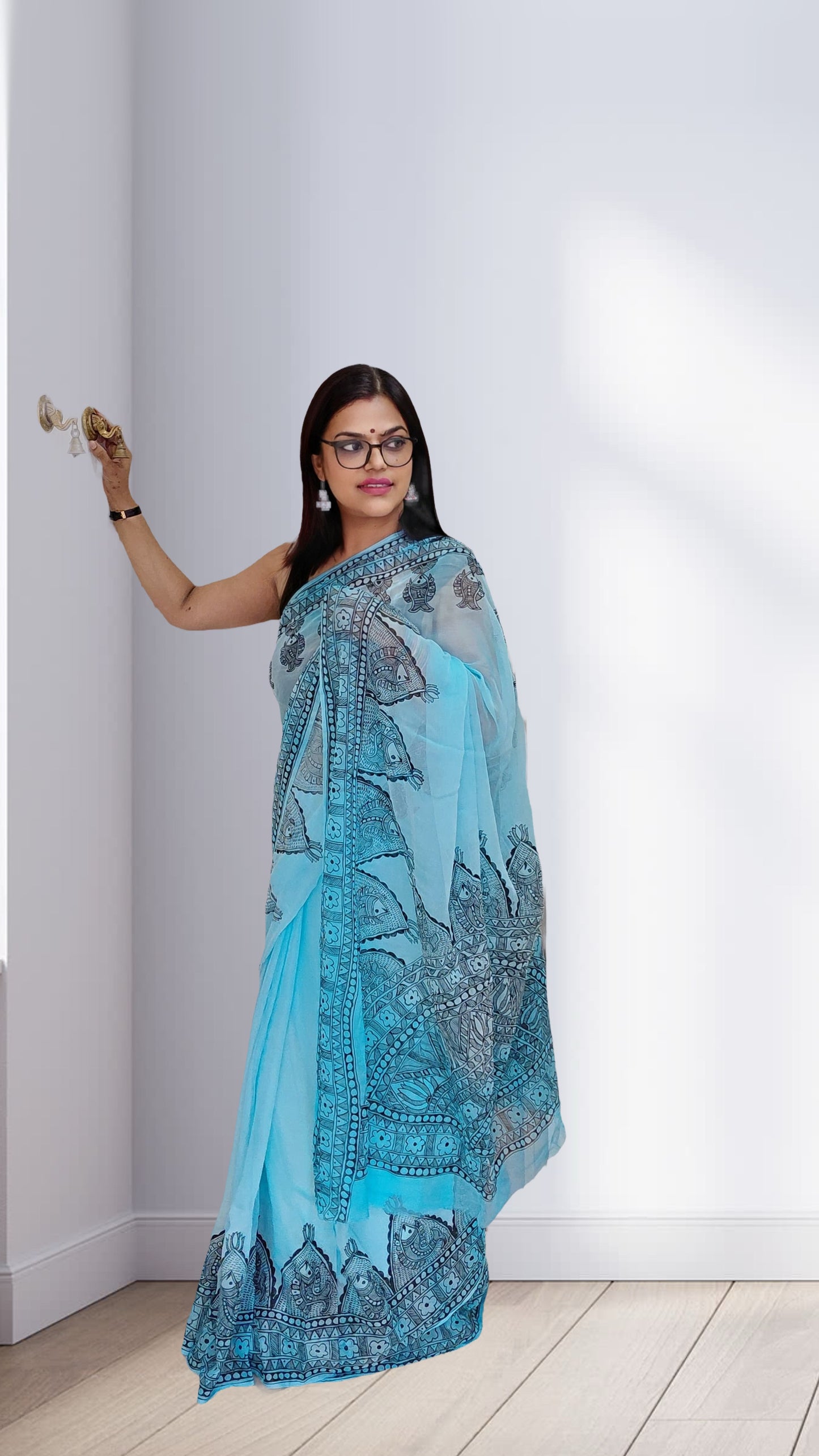 Sky Blue Ombre Pure Chiffon Silk Hand-Painted Madhubani Matsya Saree