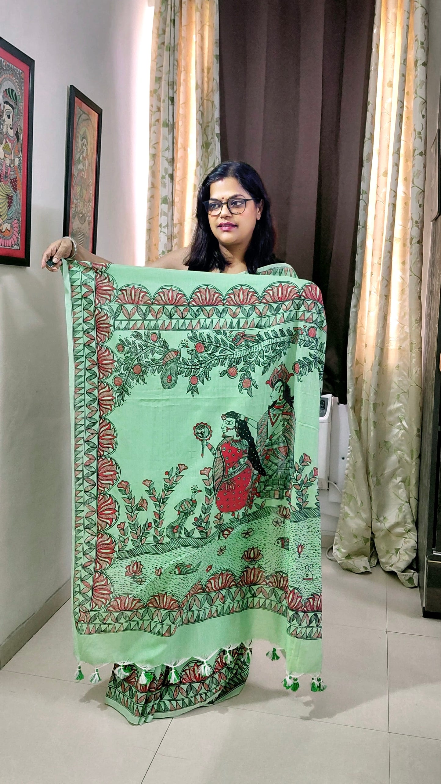 Mint Green Khadi Cotton Madhubani Hand-Painted Saree – Radha Krishna Garden