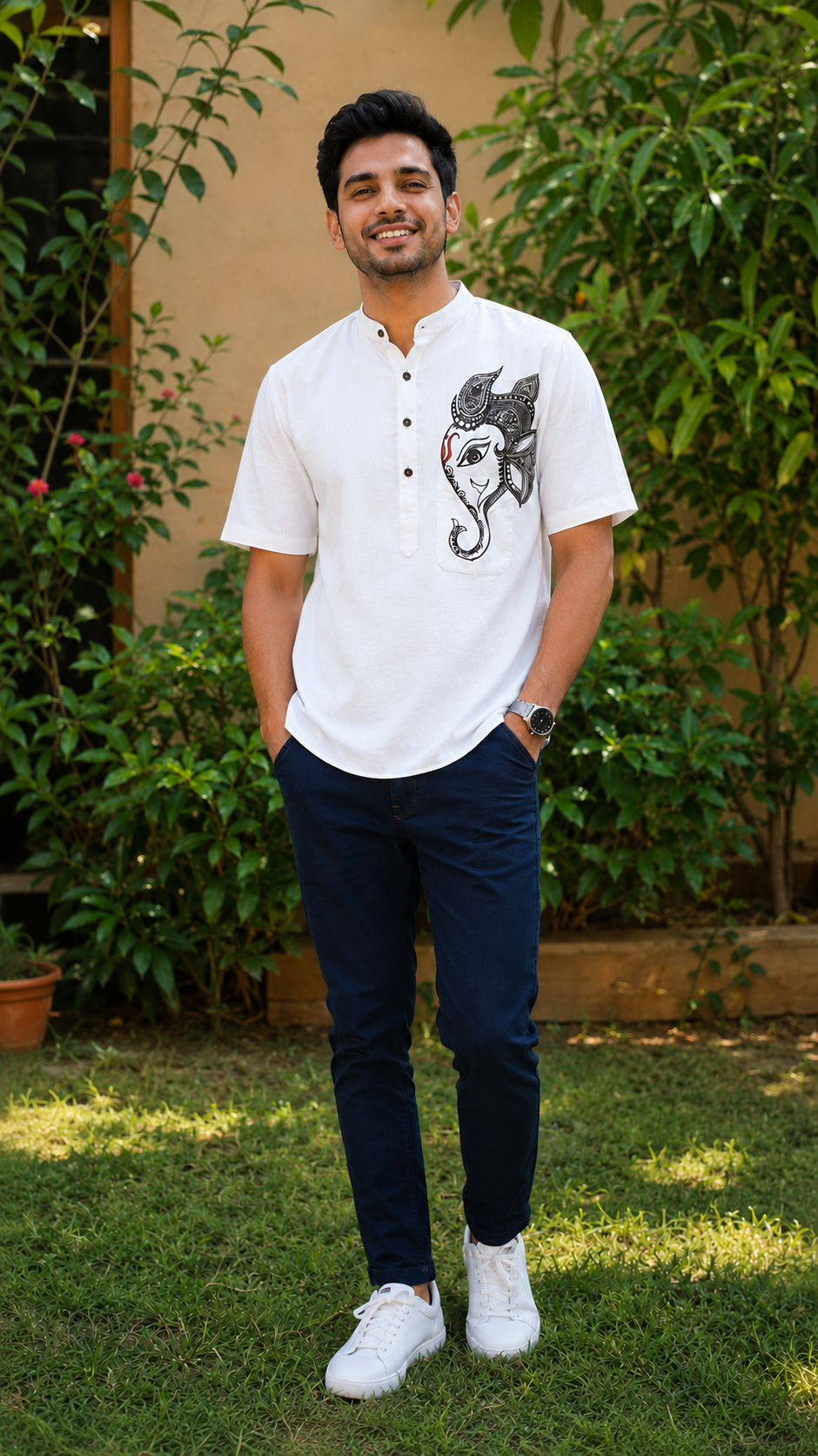 Hand-Painted Madhubani Art Men's Short Kurta • White • Linen-Cotton
