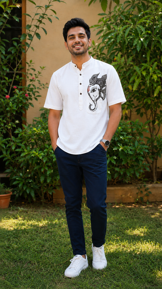 Hand-Painted Madhubani Art Men's Short Kurta • White • Linen-Cotton