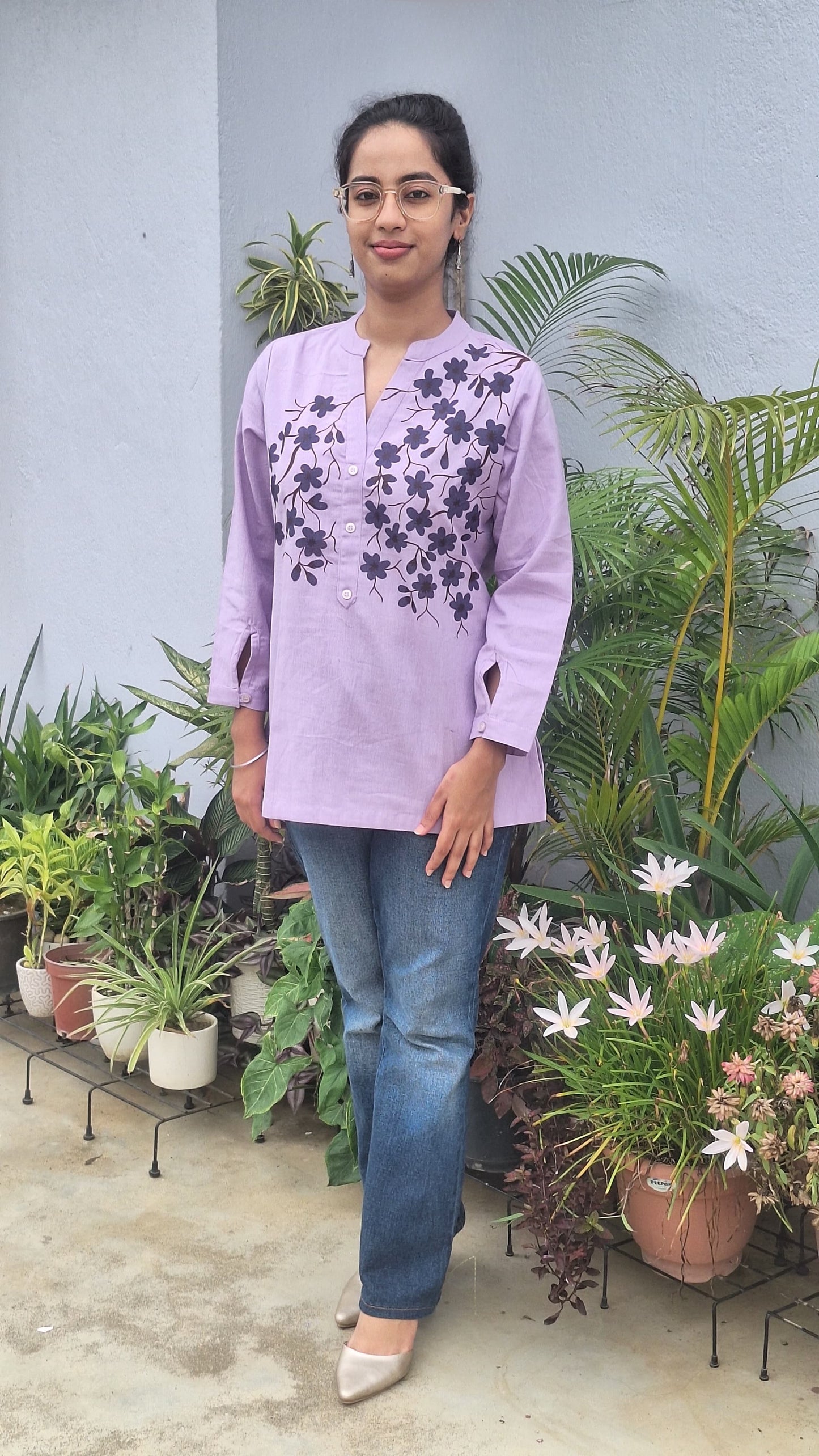 Lavender Pure Cotton Hand-Painted Madhubani Floral Short Kurta