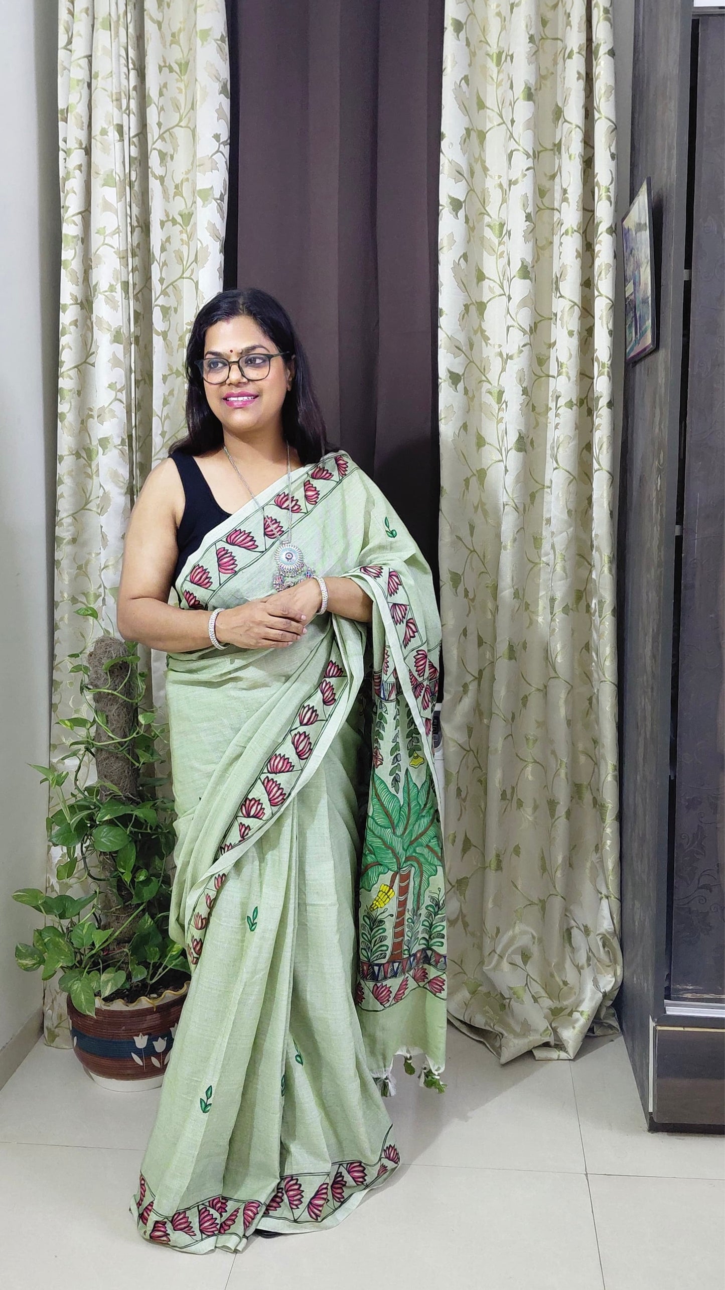 Sage Green Khadi Cotton Madhubani Hand-Painted Saree – Lord Ganesha
