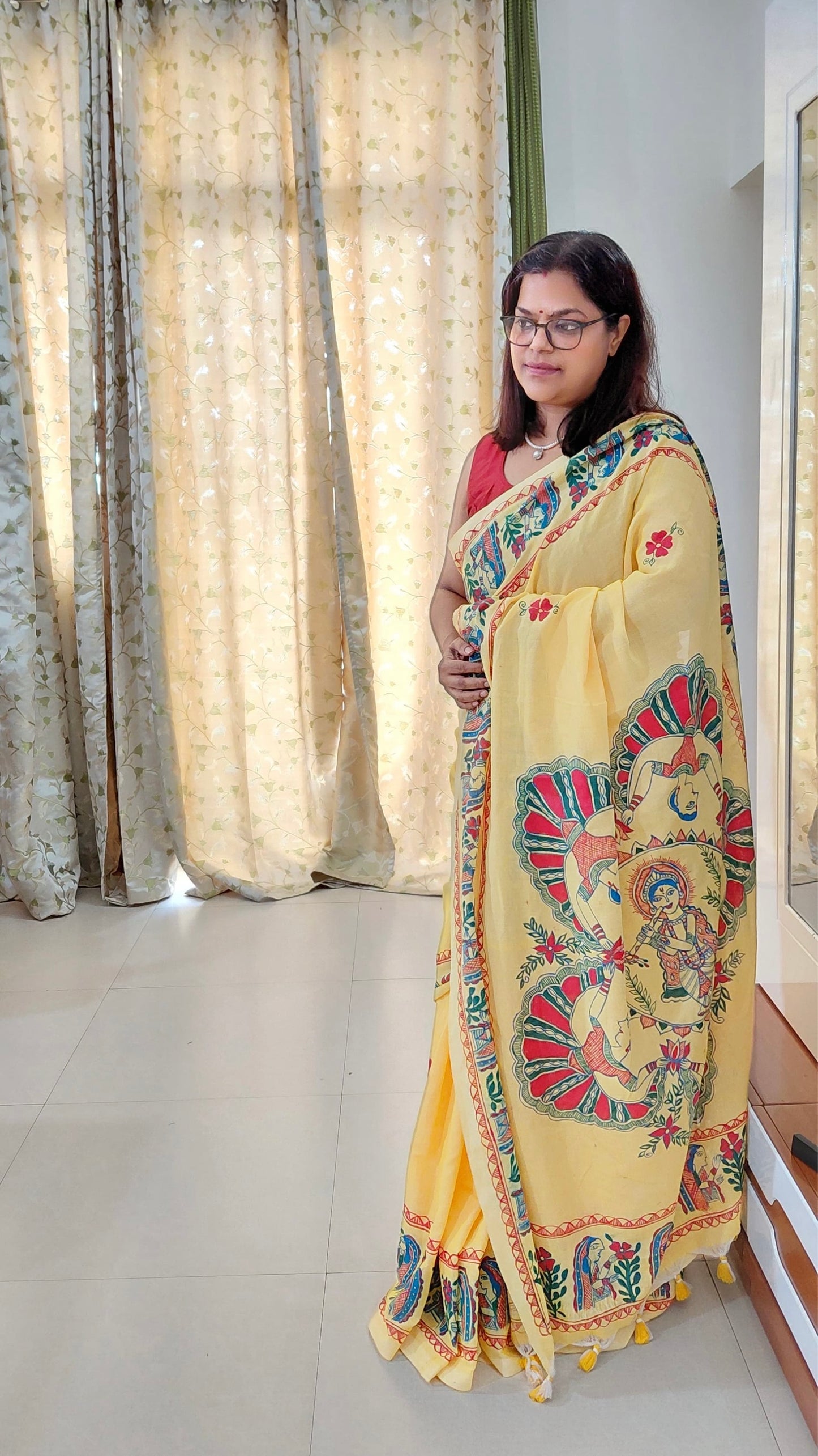 Primrose Yellow Khadi Cotton Madhubani Hand-Painted Saree – Krishna Raas Theme