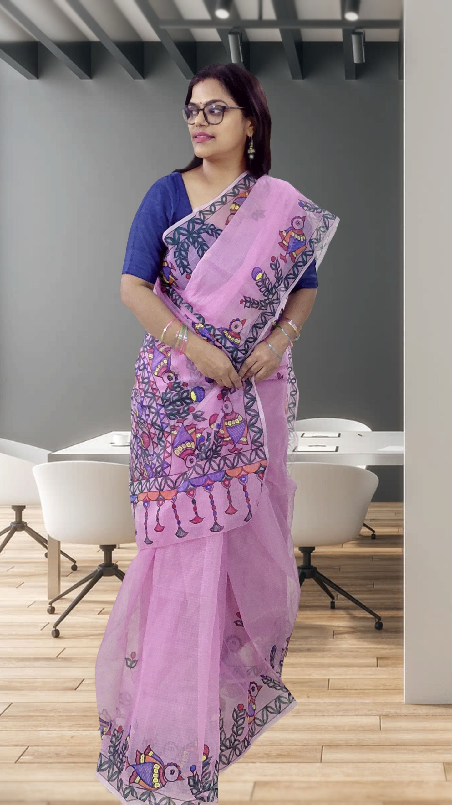 Orchid Pink Songbird Garden Madhubani Kota Doria Saree