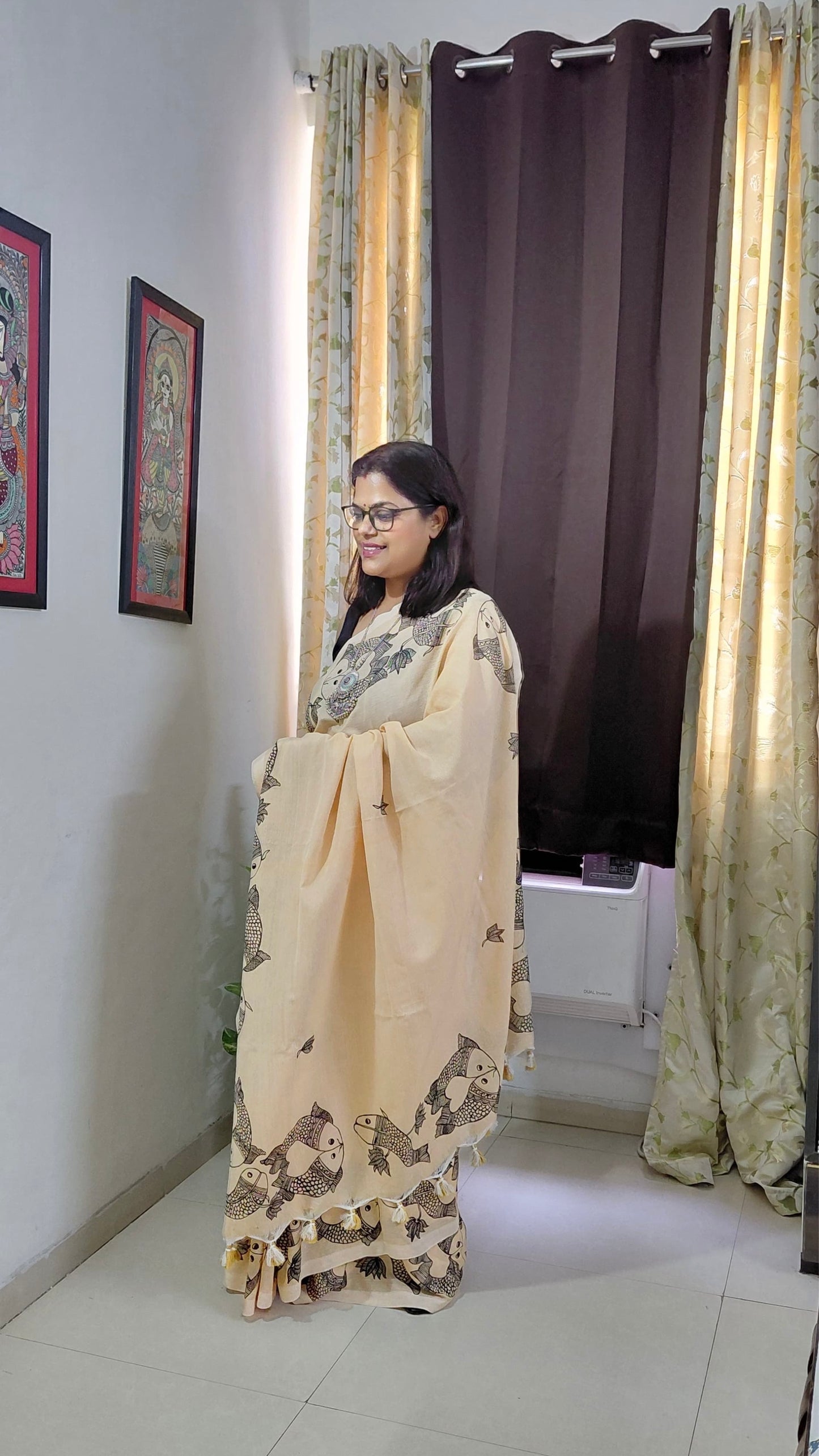Natural Ivory Khadi Cotton Madhubani Hand-Painted Saree – Matsya Motif