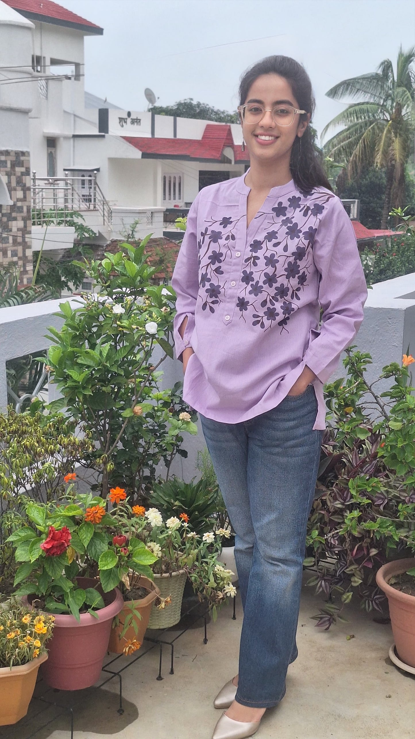 Lavender Pure Cotton Hand-Painted Madhubani Floral Short Kurta