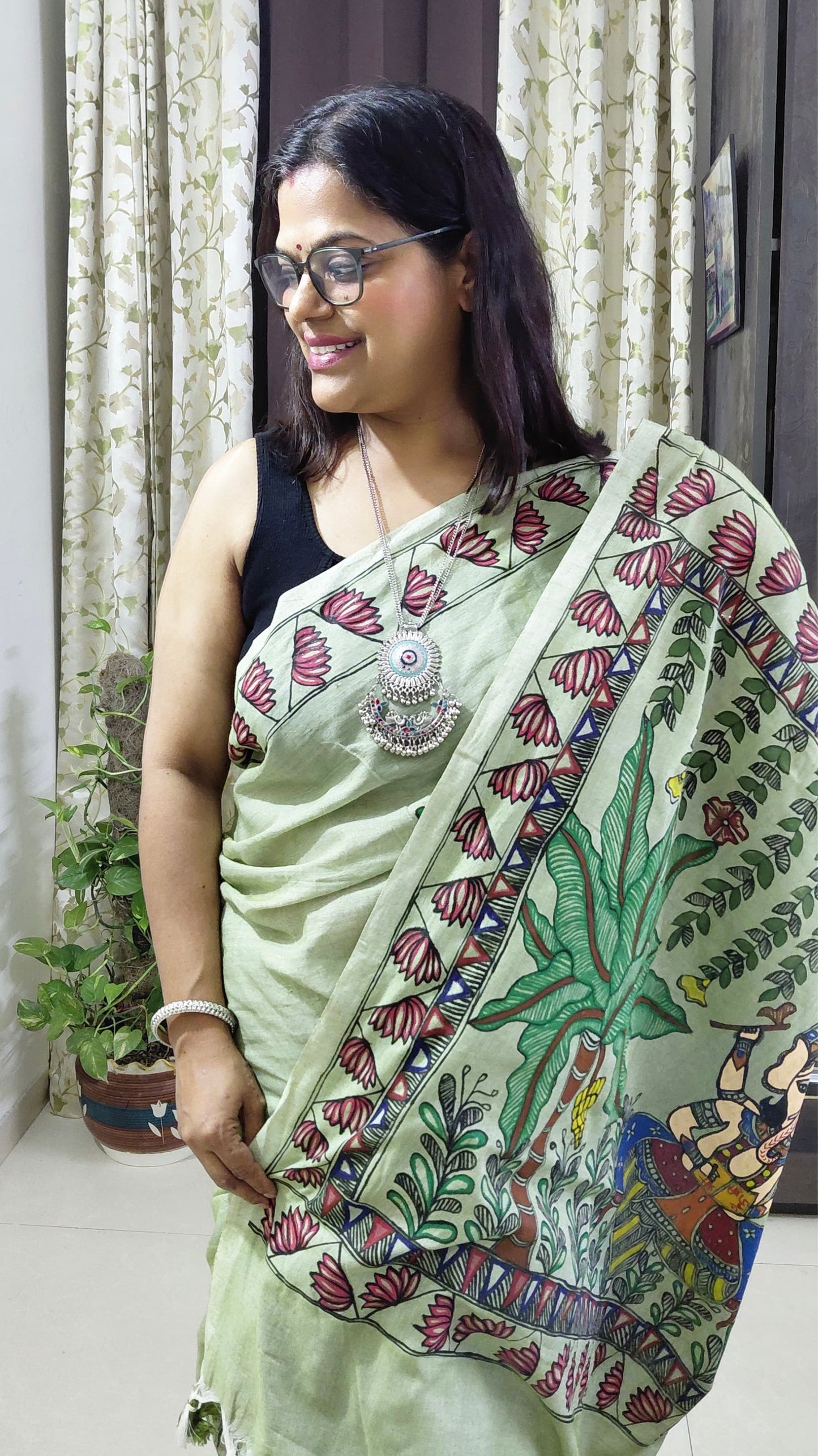 Sage Green Khadi Cotton Madhubani Hand-Painted Saree – Lord Ganesha