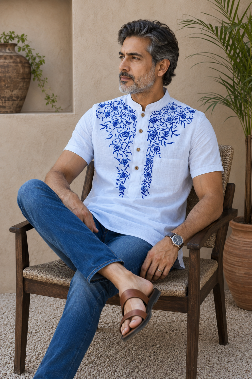 Hand-Painted Madhubani Art Men's Short Kurta • White • Linen-Cotton