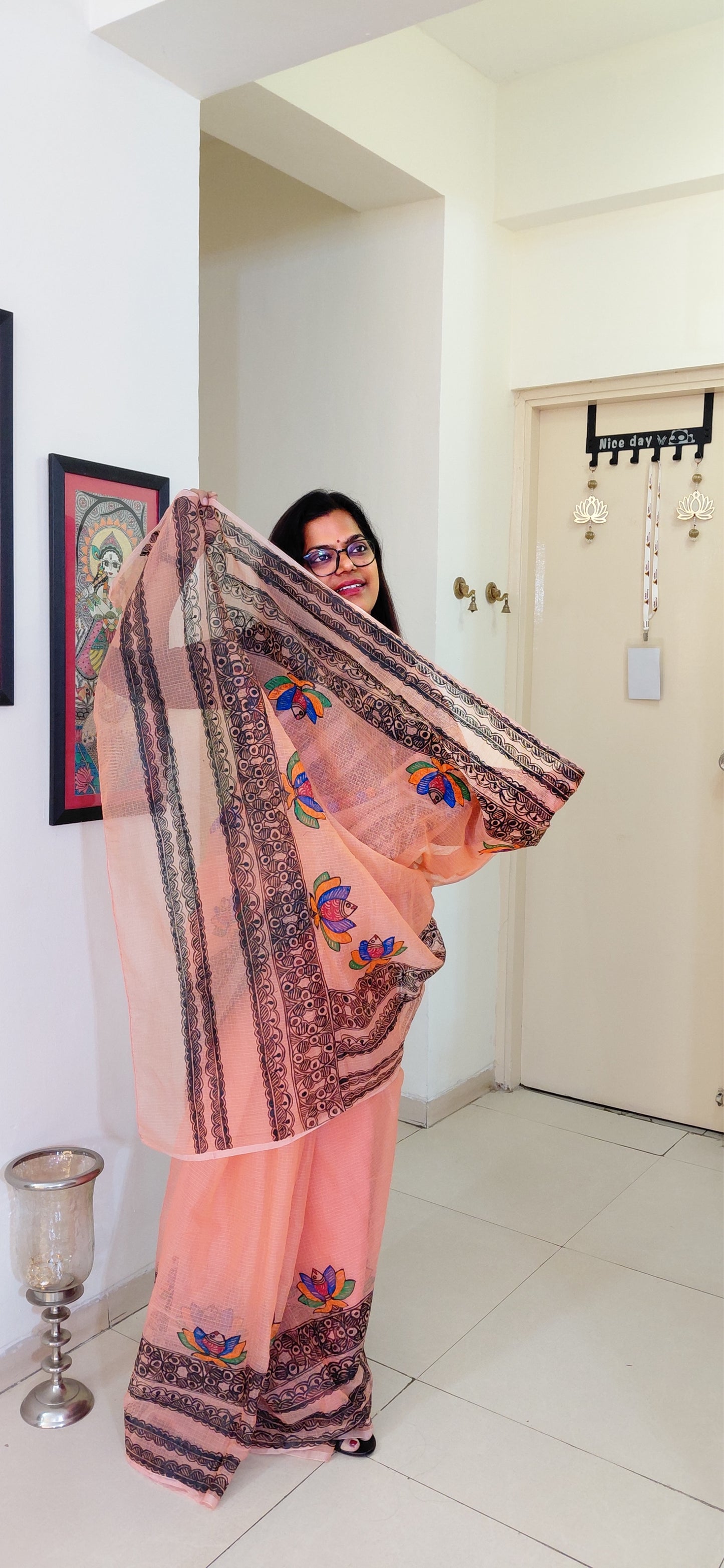 Blush Peach Lotus Bloom Madhubani Kota Doria Saree