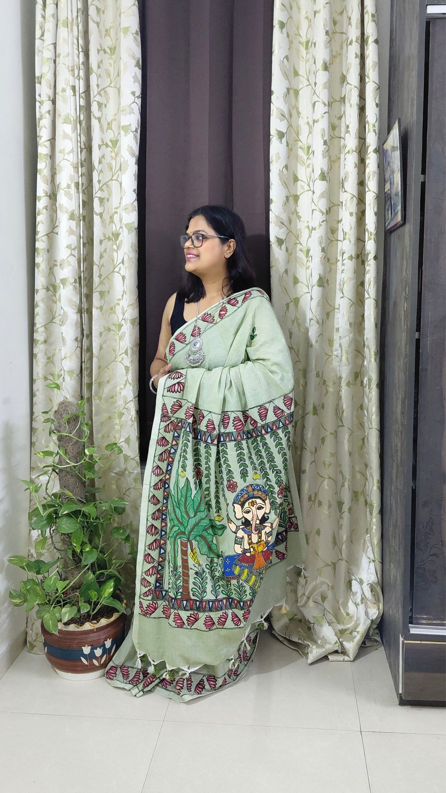 Sage Green Khadi Cotton Madhubani Hand-Painted Saree – Lord Ganesha