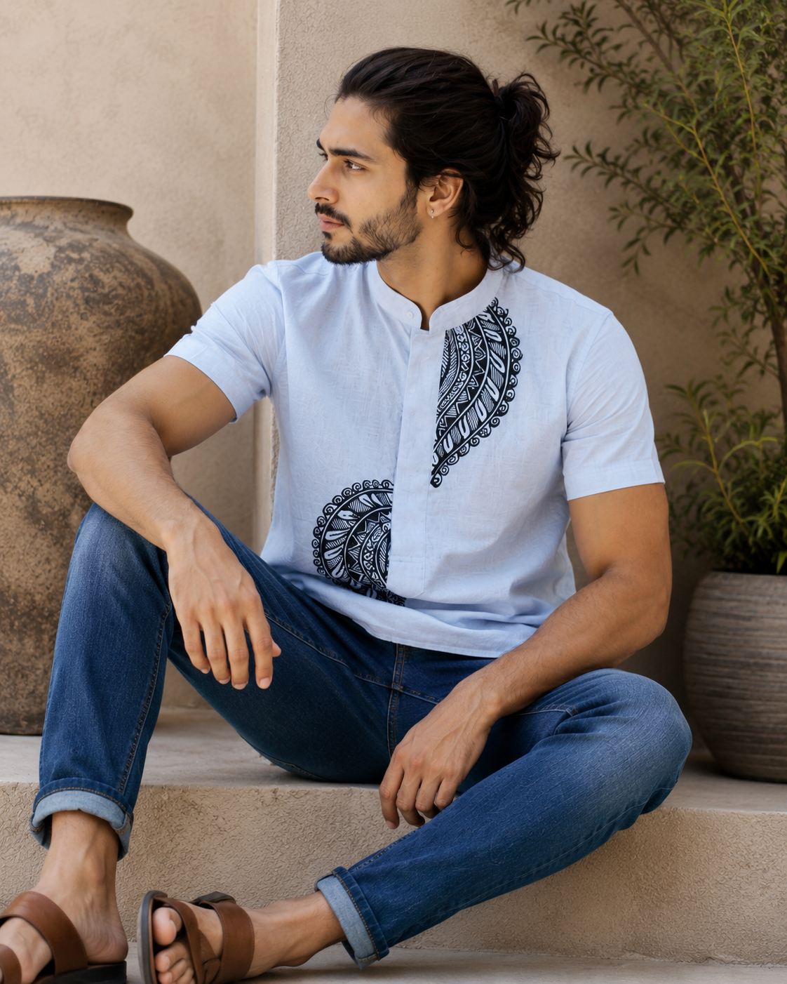 Hand-Painted Madhubani Art Men's Short Kurta • White • Linen-Cotton