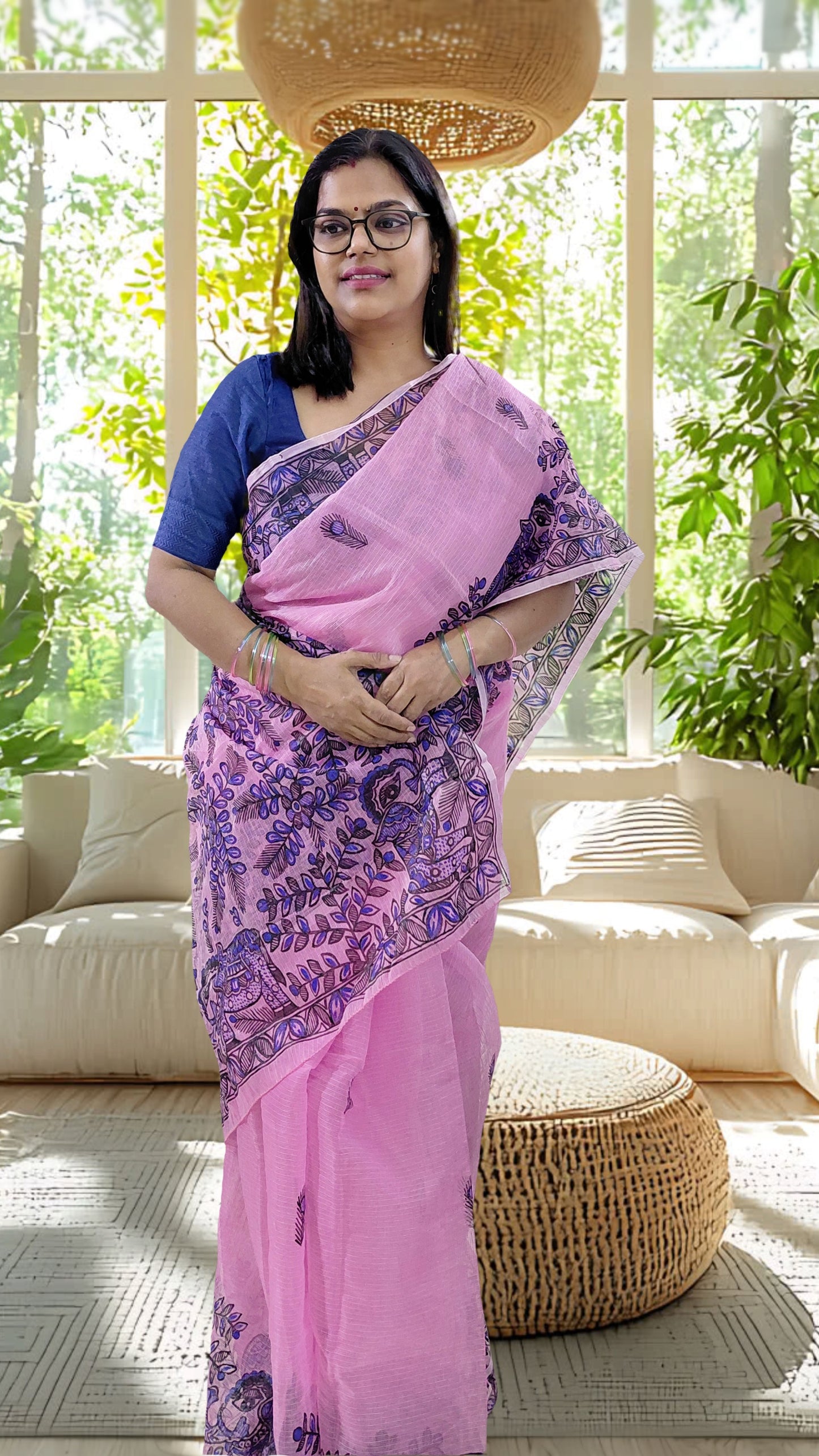 Blush Pink Gajraj Garden Madhubani Kota Doria Saree