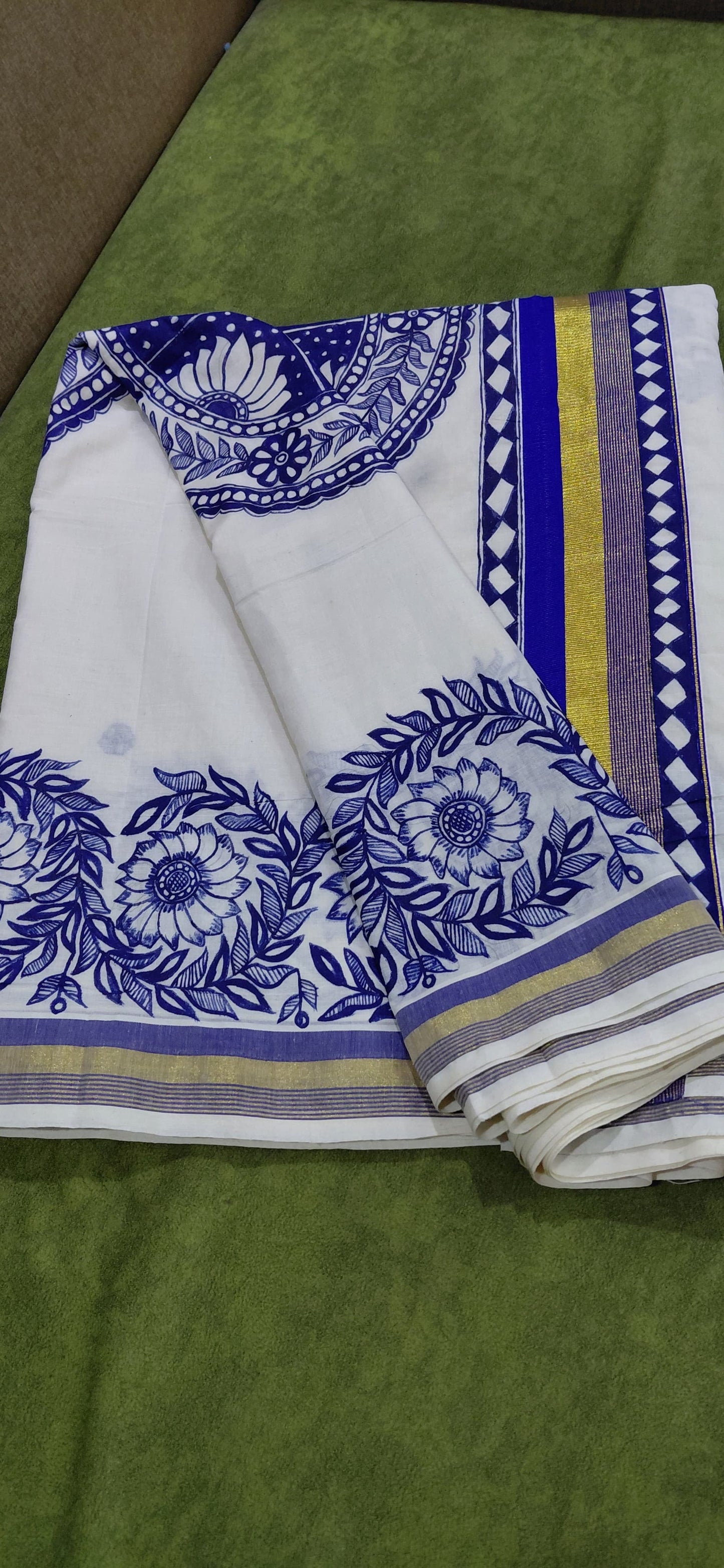 Ivory Kerala Cotton (Kasavu) Madhubani Saree | Rangika Studio