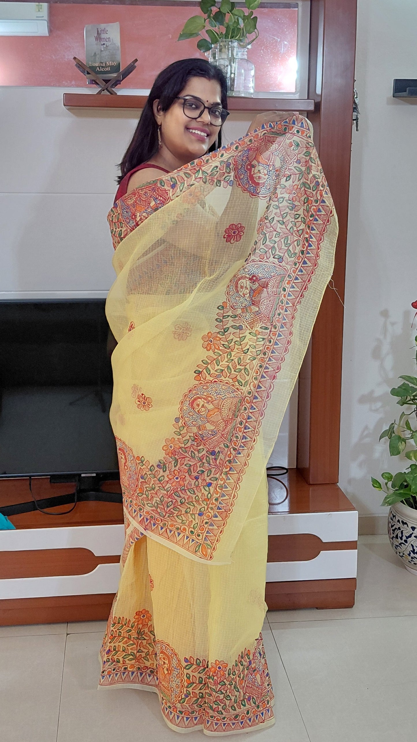 Soft Pastel Lemon Yellow Portrait Vines Madhubani Kota Doria Saree