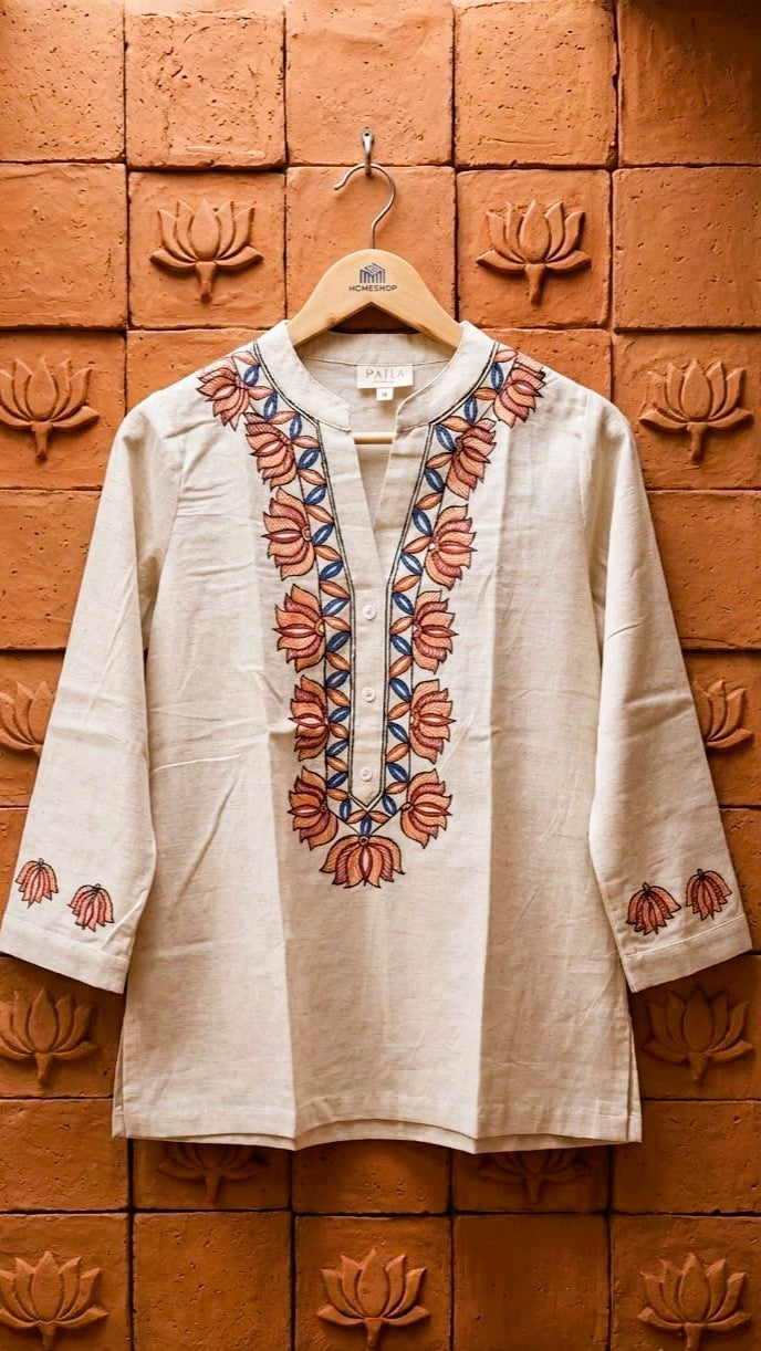 Ivory Pure Cotton Hand-Painted Madhubani Art Short Kurta