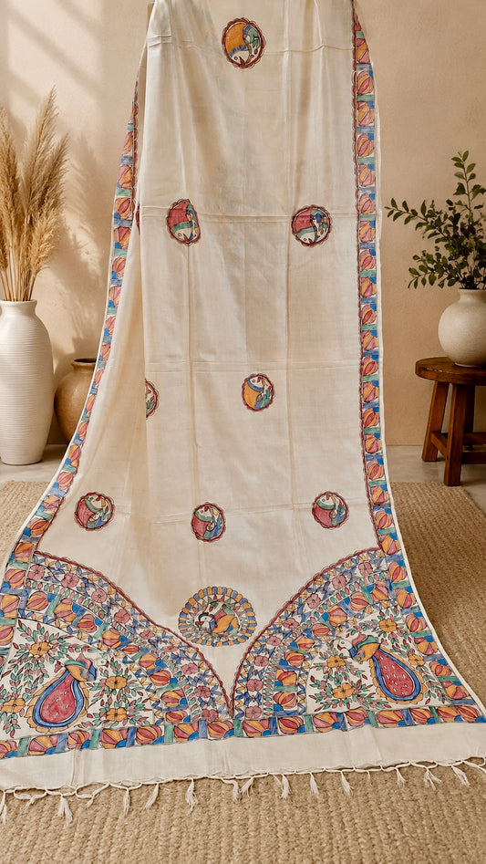 Natural Ivory Pure Tussar Silk Hand-Painted Madhubani Dupatta