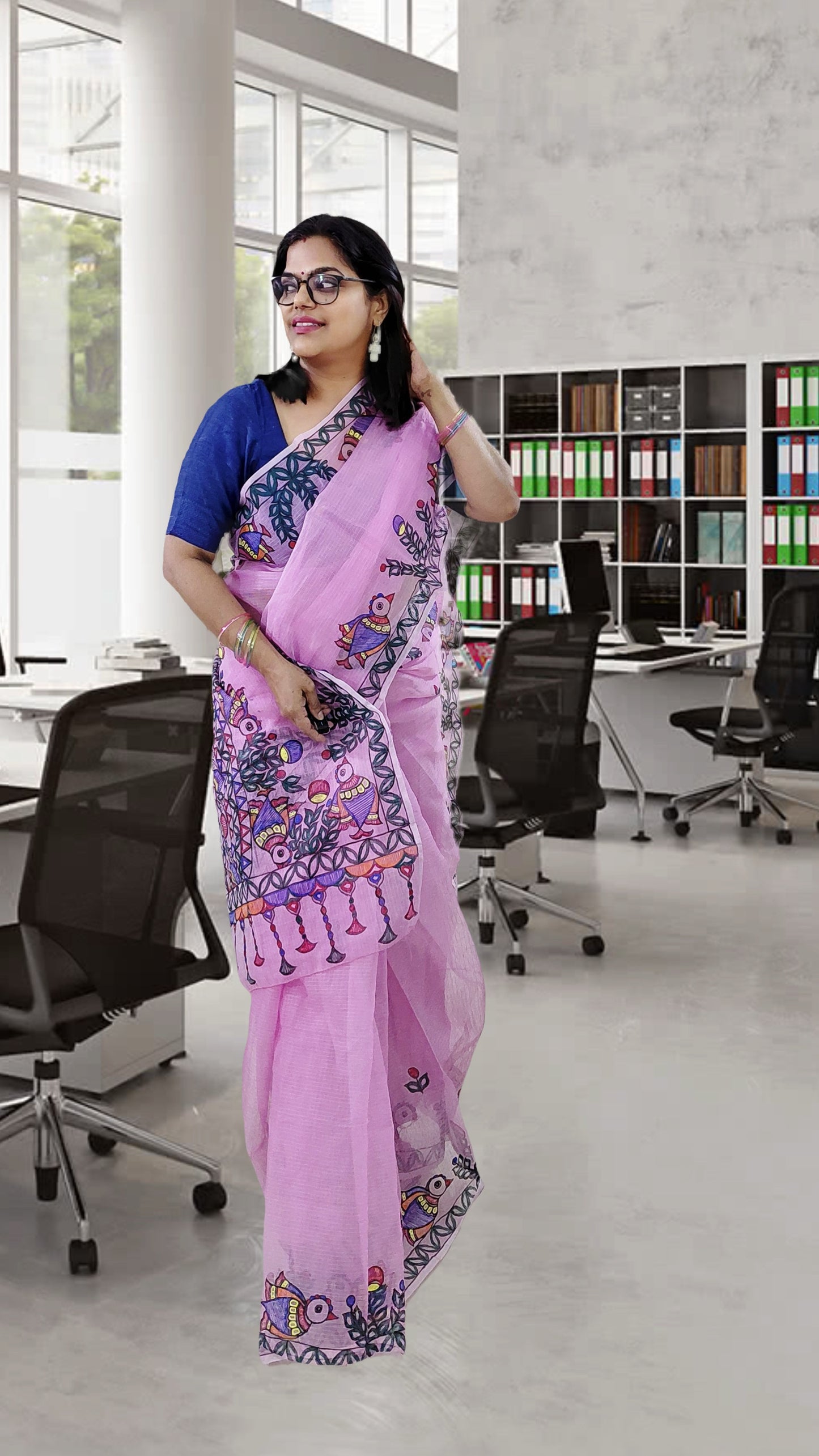 Orchid Pink Songbird Garden Madhubani Kota Doria Saree