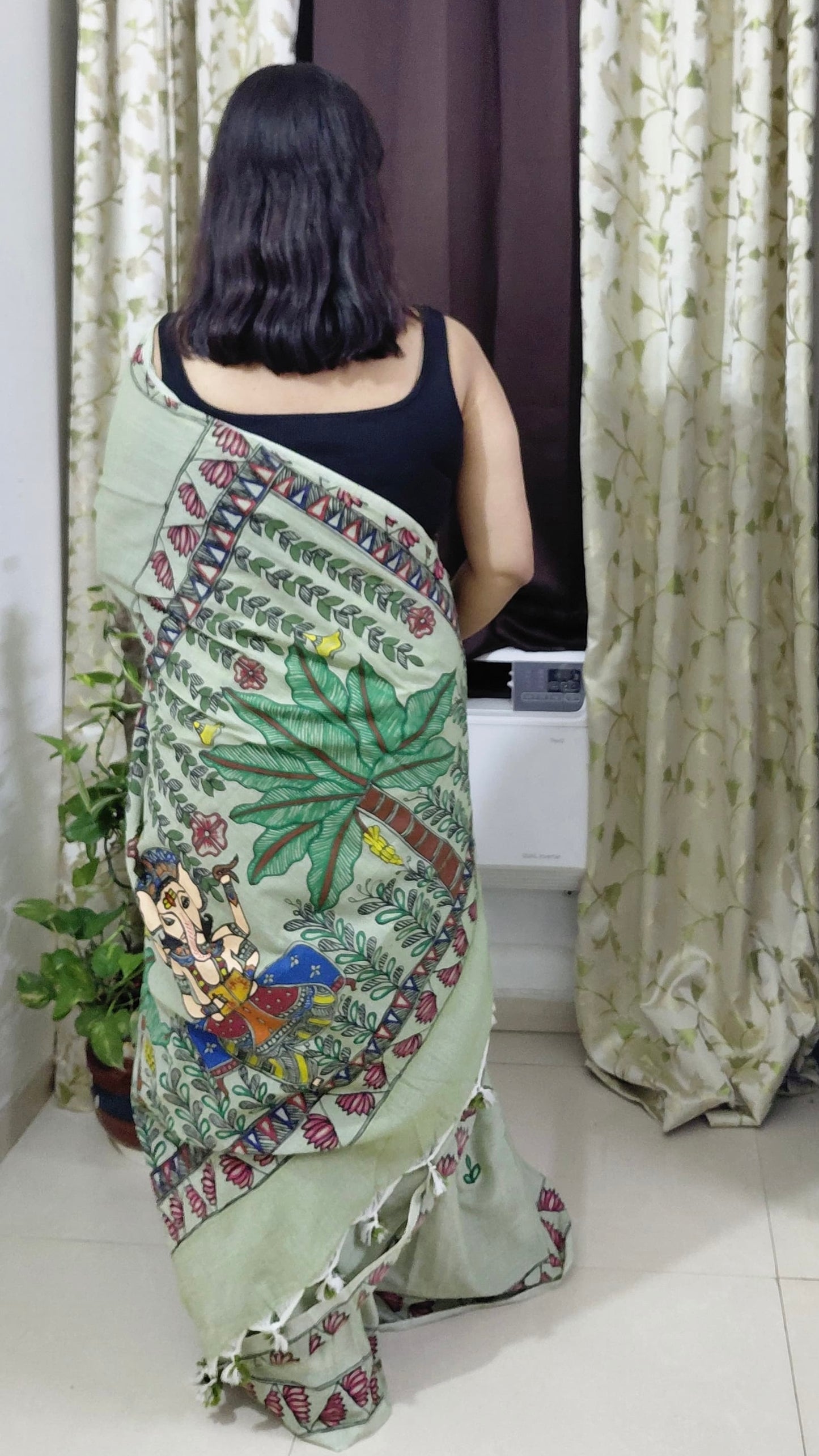 Sage Green Khadi Cotton Madhubani Hand-Painted Saree – Lord Ganesha