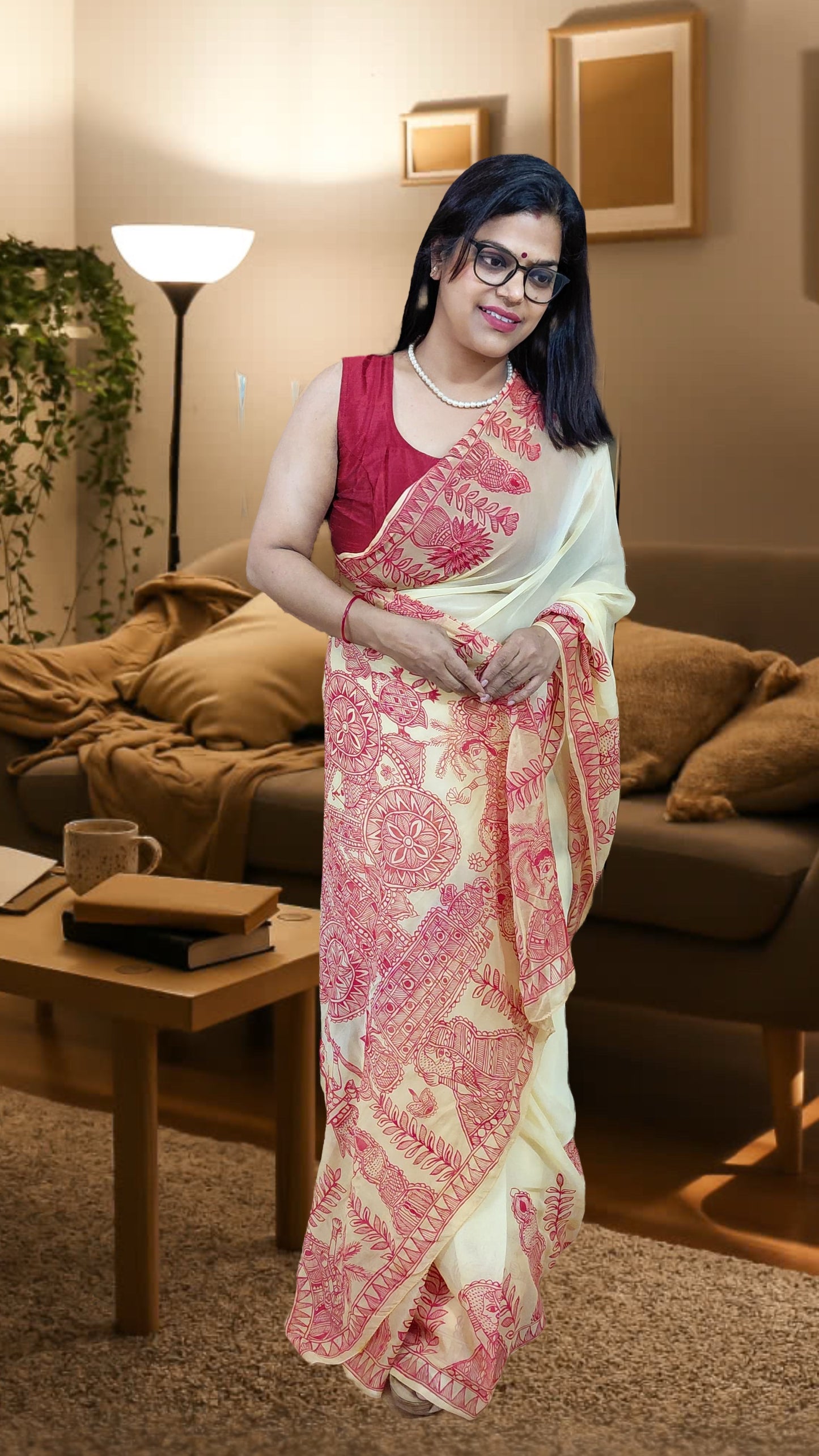Soft Butter Yellow Pure Chiffon Kohbar Madhubani Hand-Painted Saree