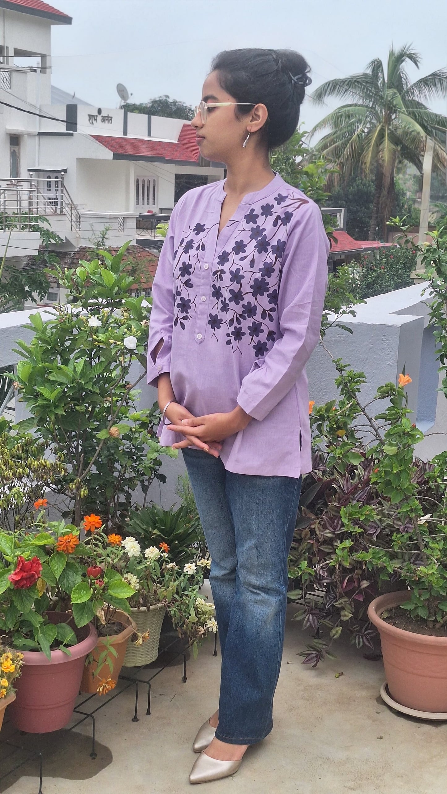 Lavender Pure Cotton Hand-Painted Madhubani Floral Short Kurta