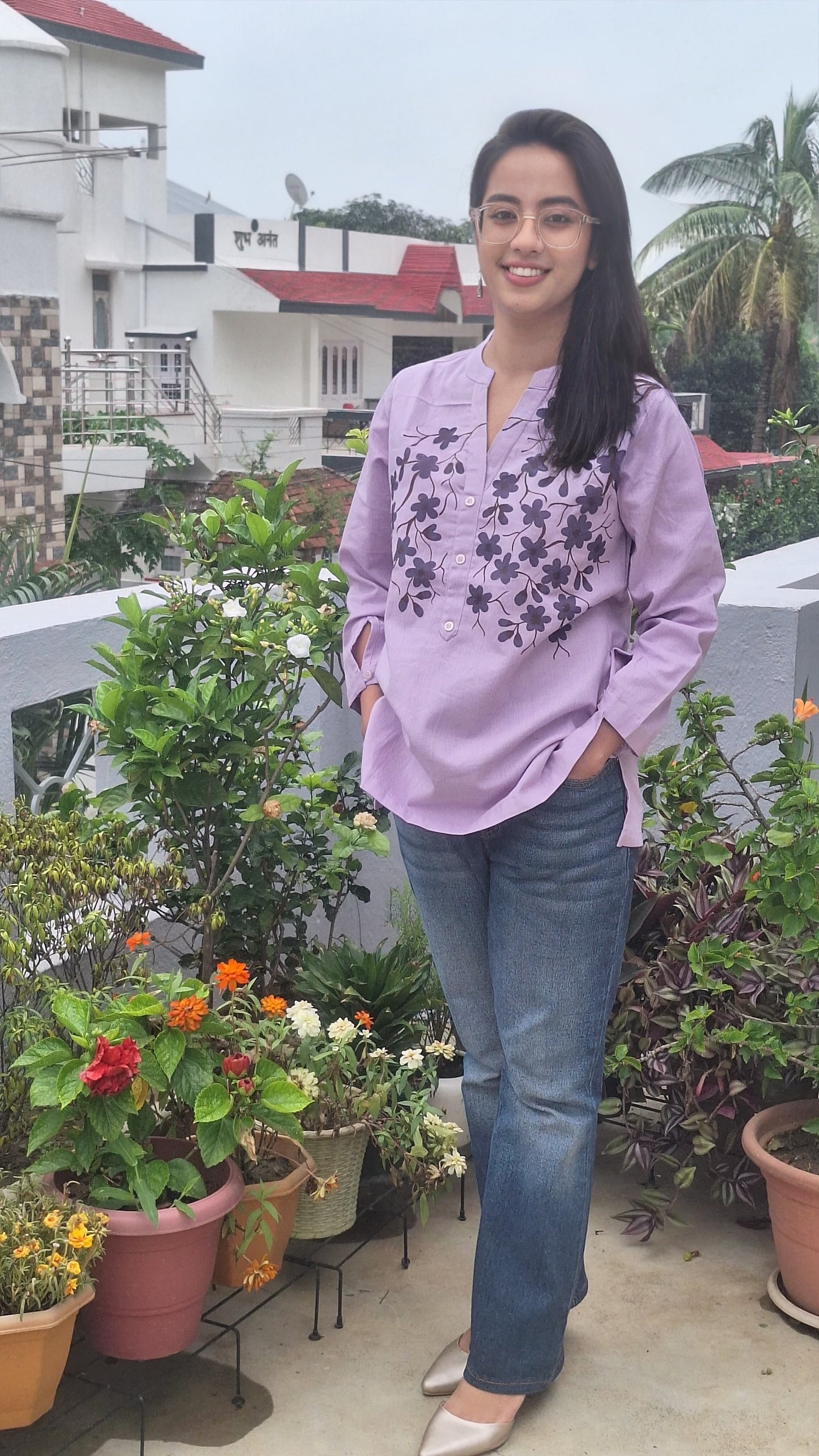 Lavender Pure Cotton Hand-Painted Madhubani Floral Short Kurta