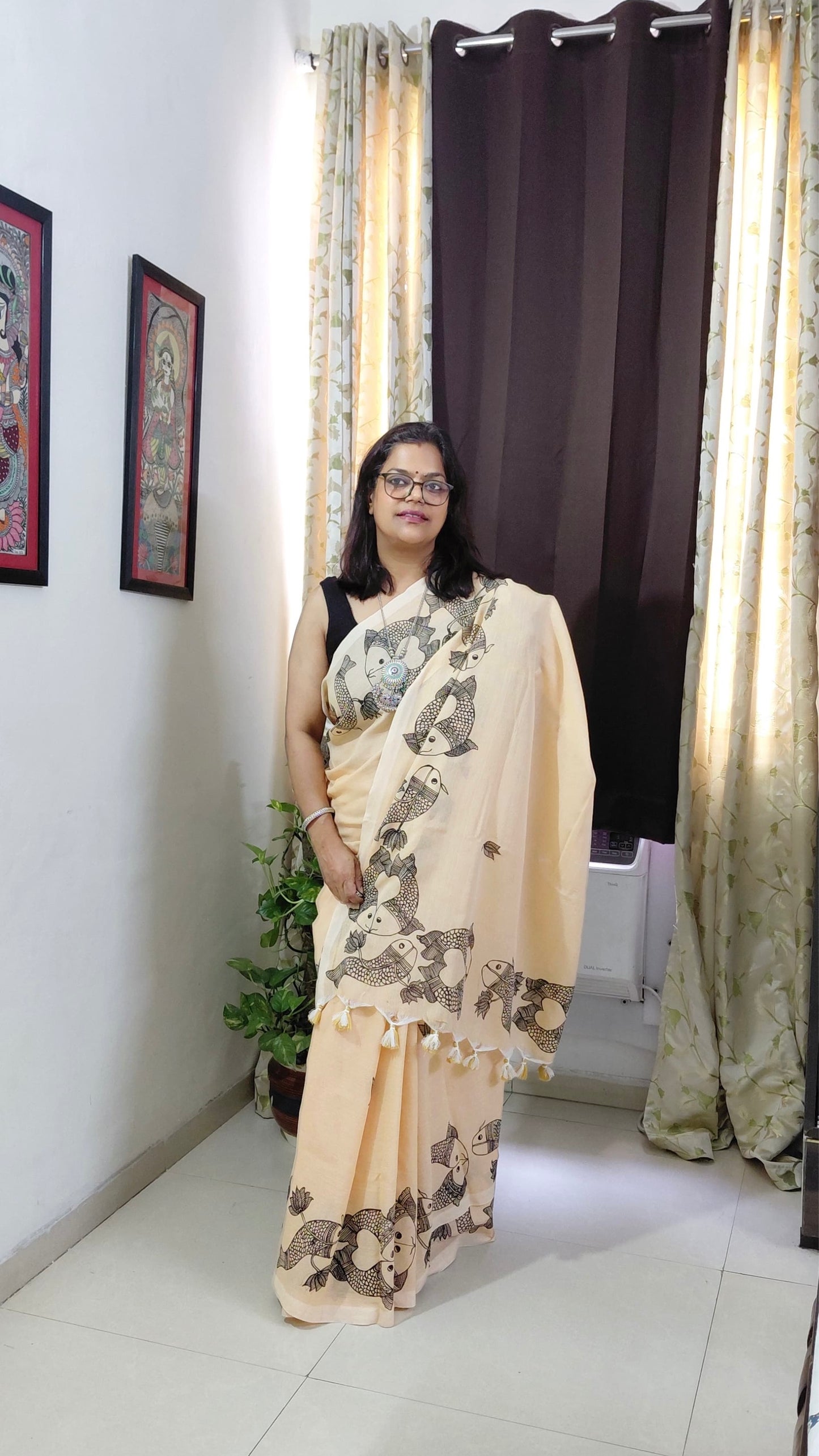 Natural Ivory Khadi Cotton Madhubani Hand-Painted Saree – Matsya Motif