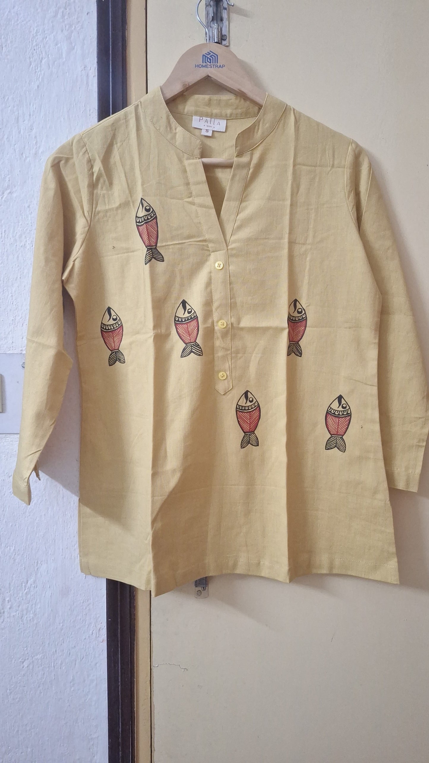 Butter Yellow Pure Cotton Hand-Painted Madhubani Nature Motif Short Kurta