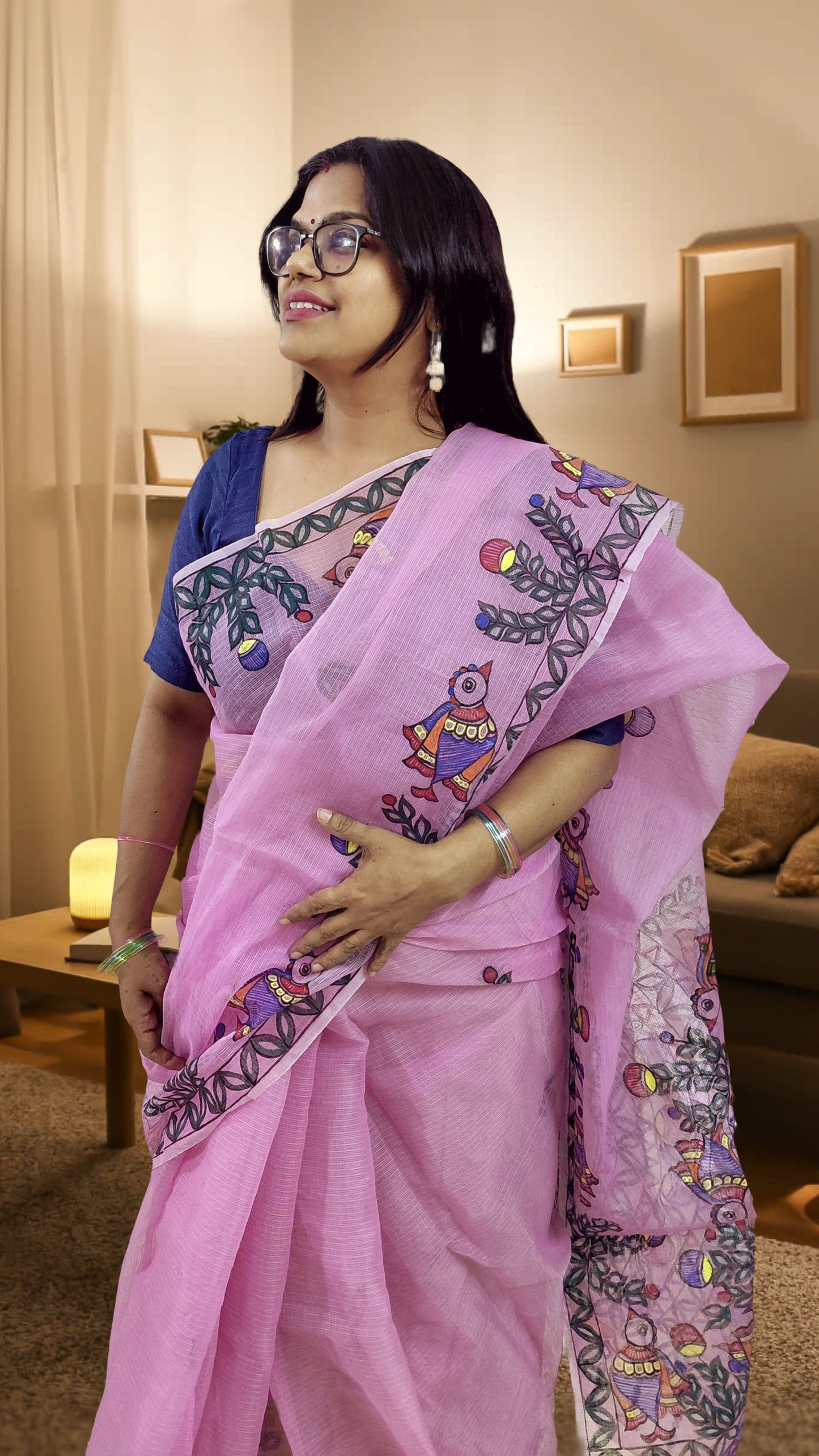 Orchid Pink Songbird Garden Madhubani Kota Doria Saree