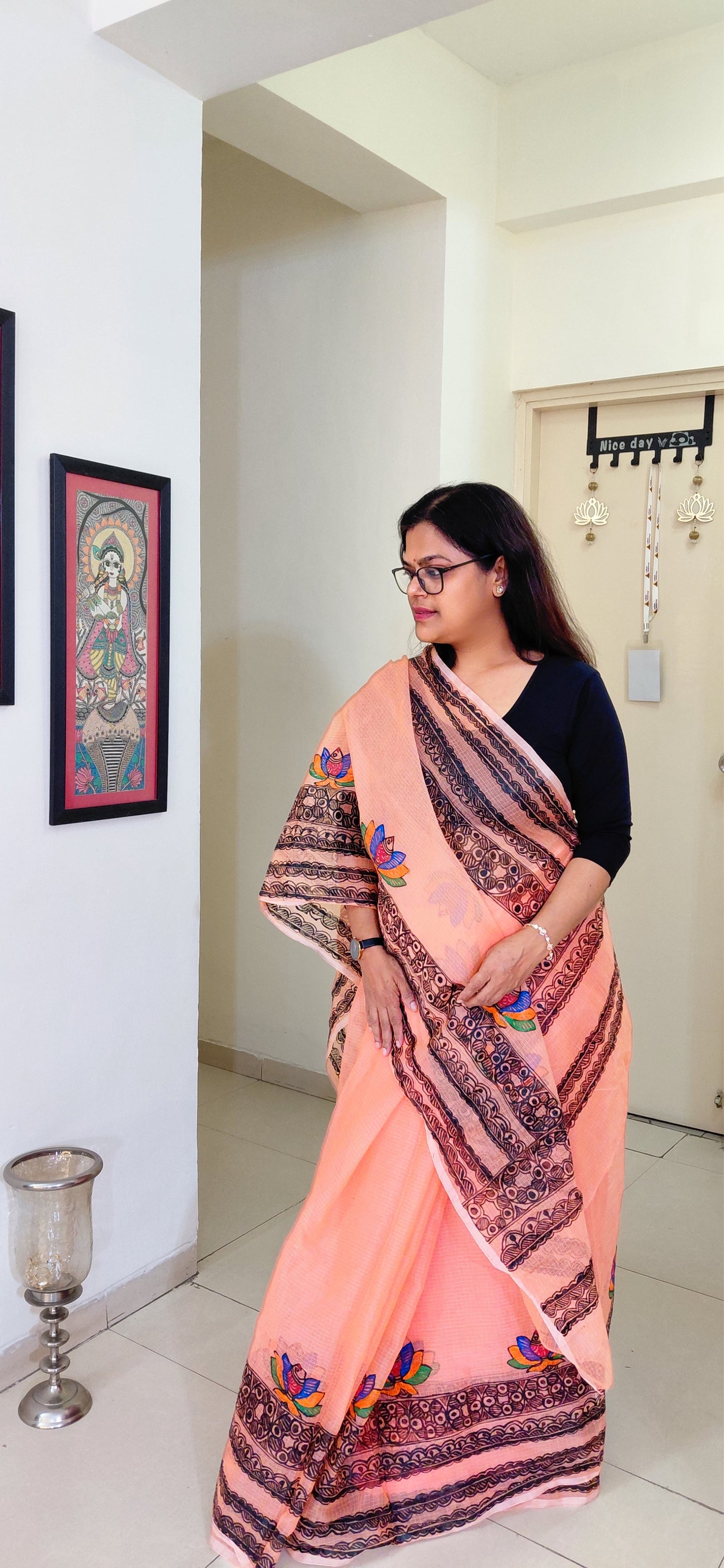 Blush Peach Lotus Bloom Madhubani Kota Doria Saree