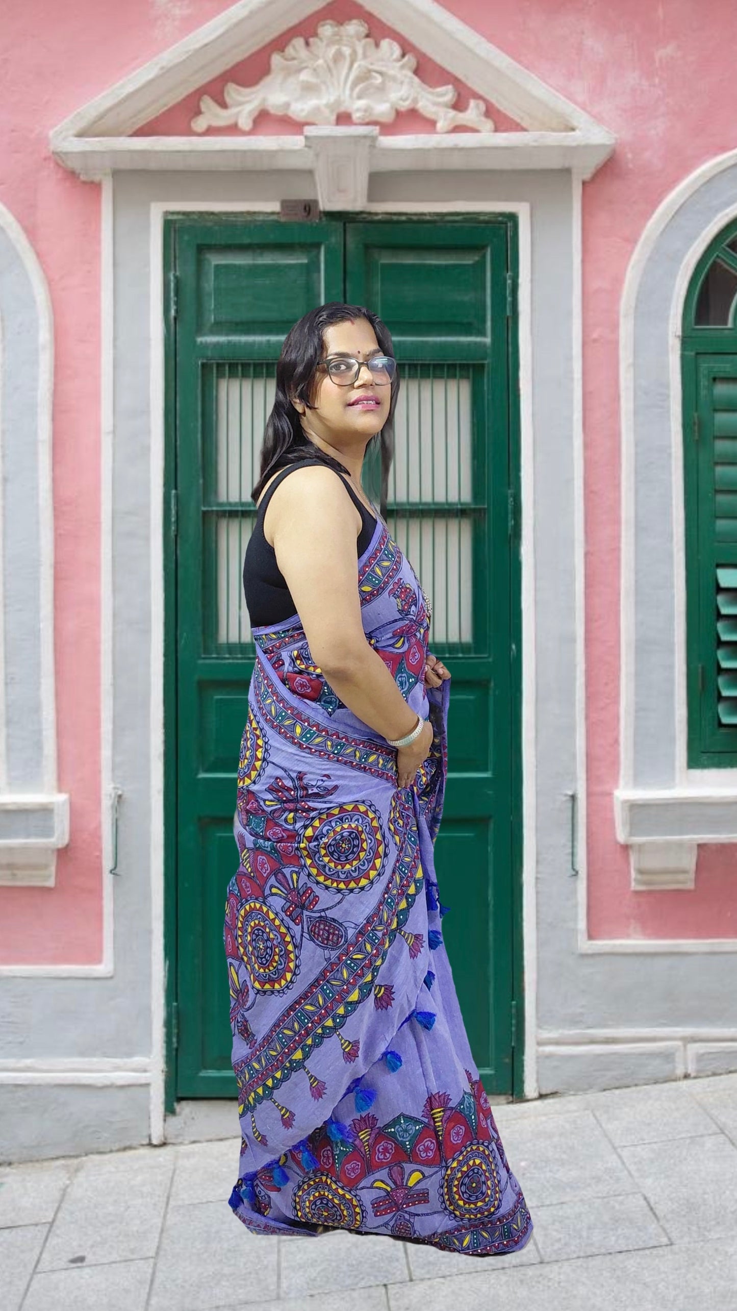 Lavender Khadi Cotton Madhubani Hand-Painted Saree – Mandala & Dragonfly